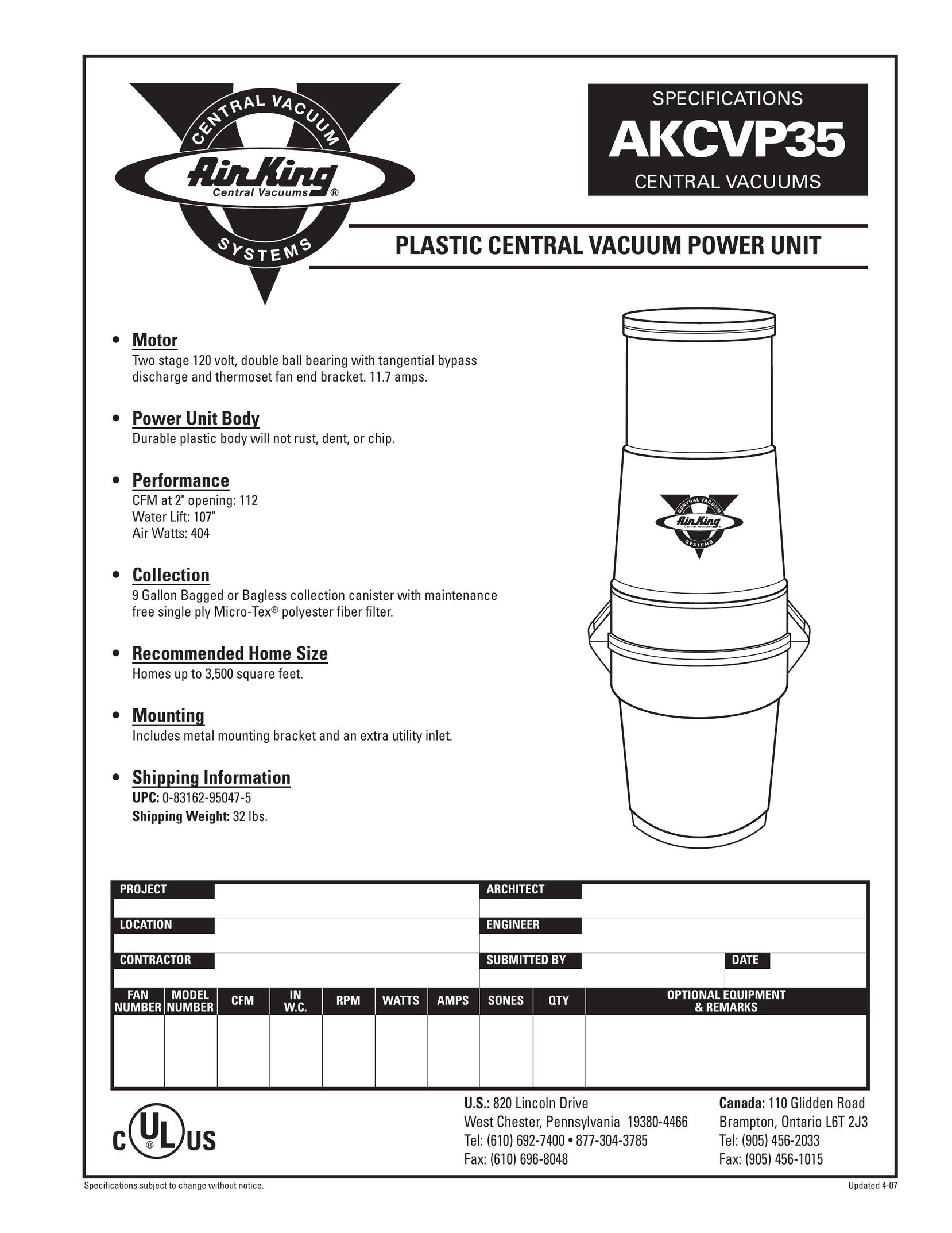 Air King AKCVP35 Vacuum Cleaner User Manual