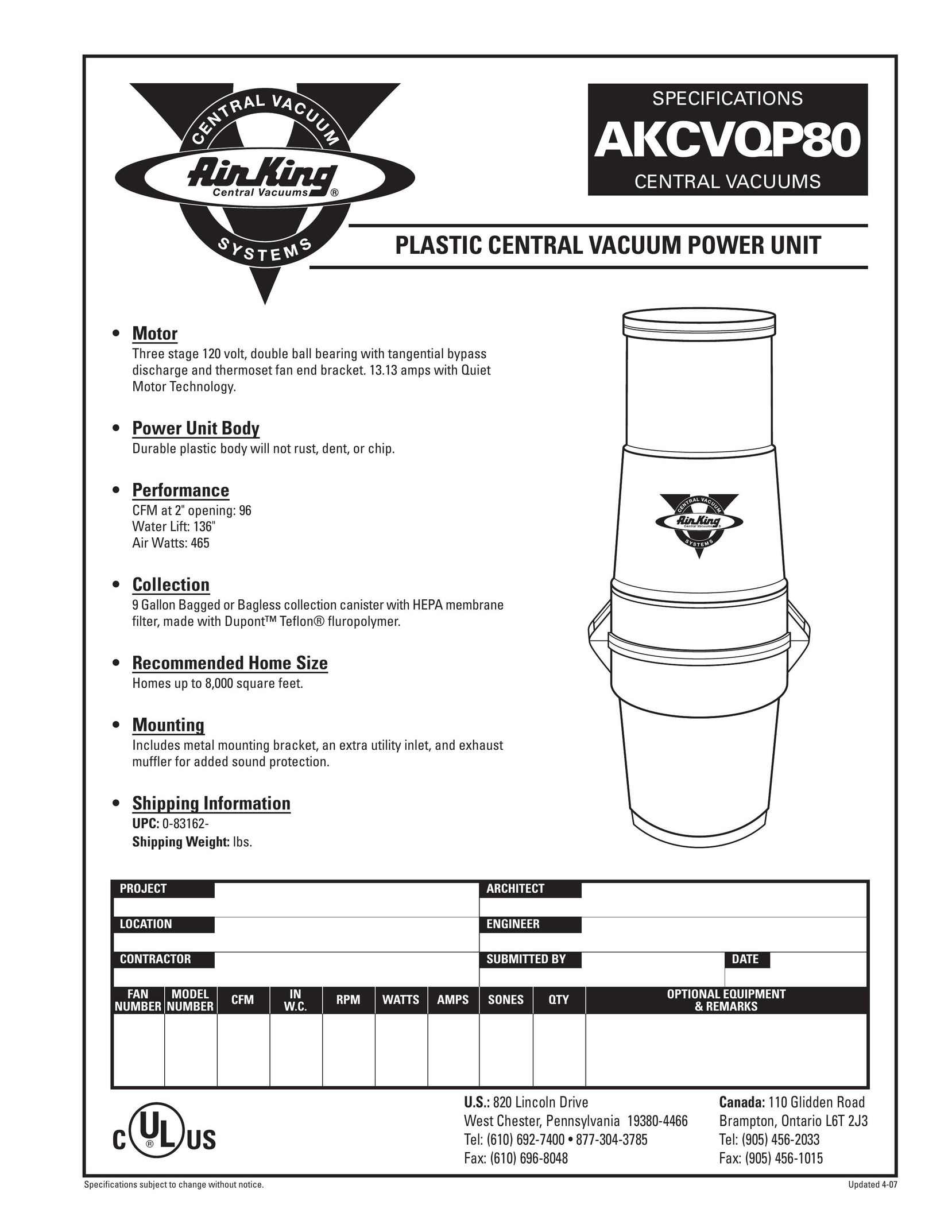 Air King AKCVQP80 Vacuum Cleaner User Manual