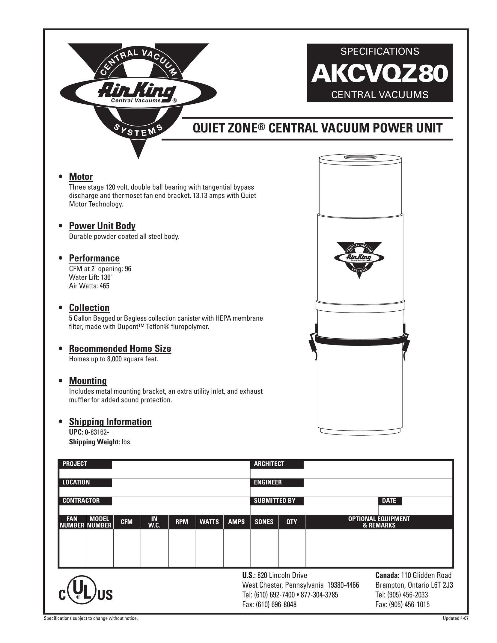 Air King AKCVQZ80 Vacuum Cleaner User Manual