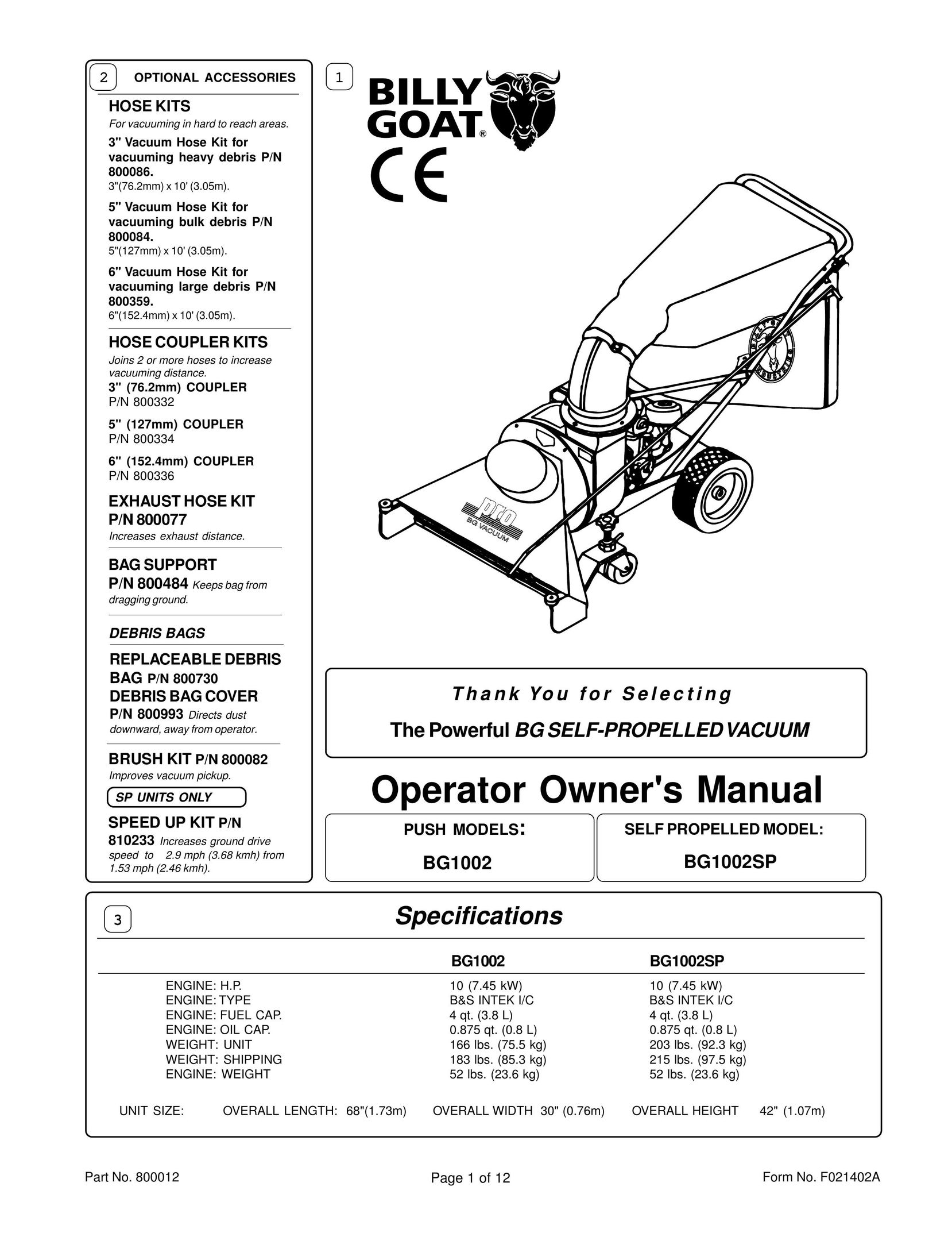 Billy Goat BG1002 Vacuum Cleaner User Manual