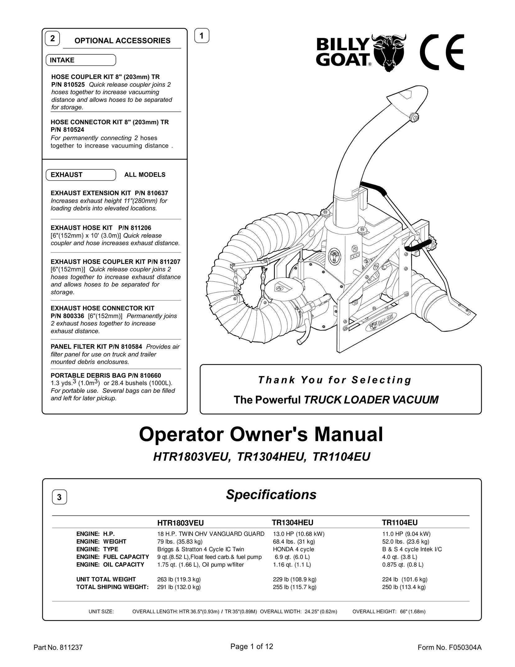 Billy Goat HTR1803VEU Vacuum Cleaner User Manual