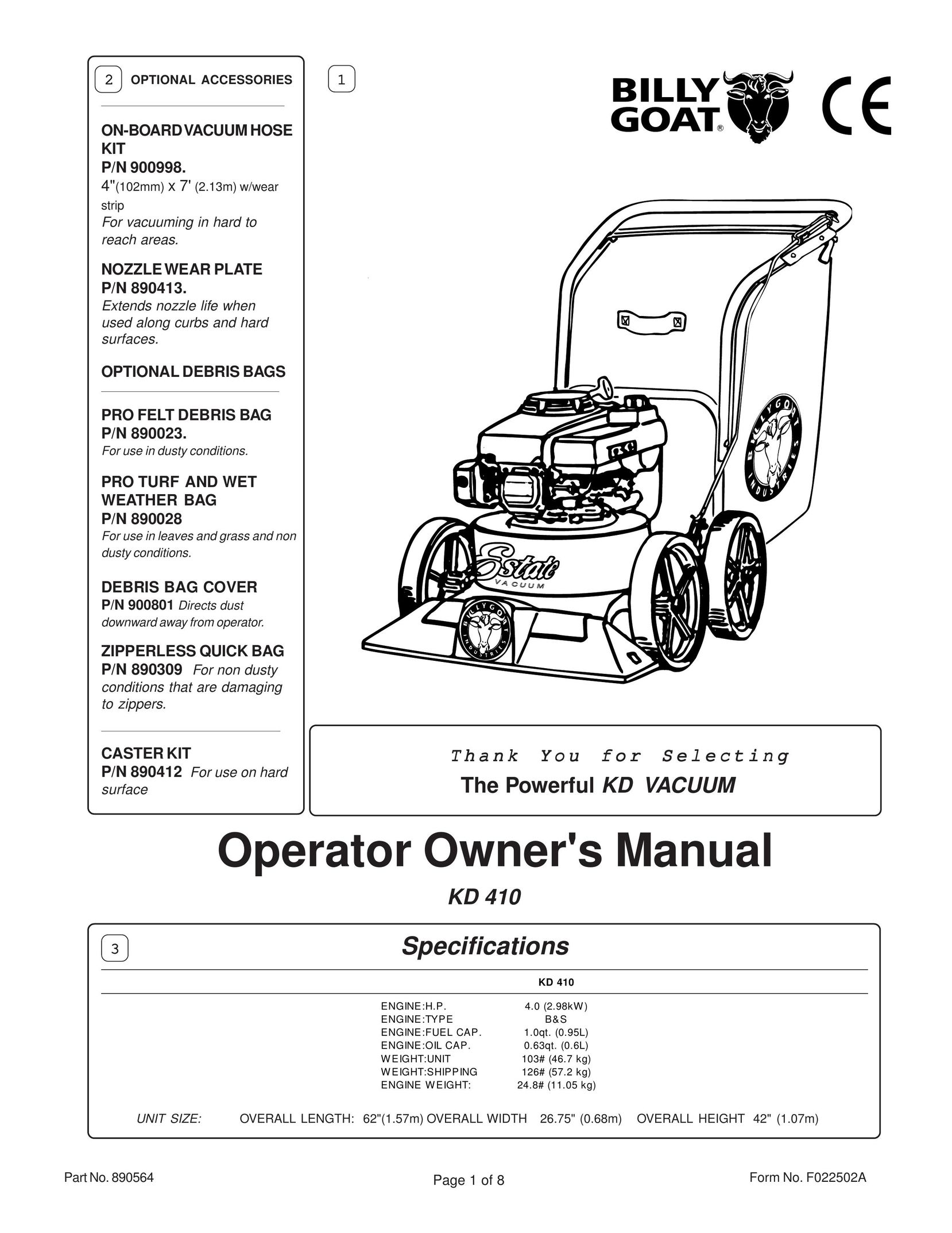 Billy Goat KD 410 Vacuum Cleaner User Manual