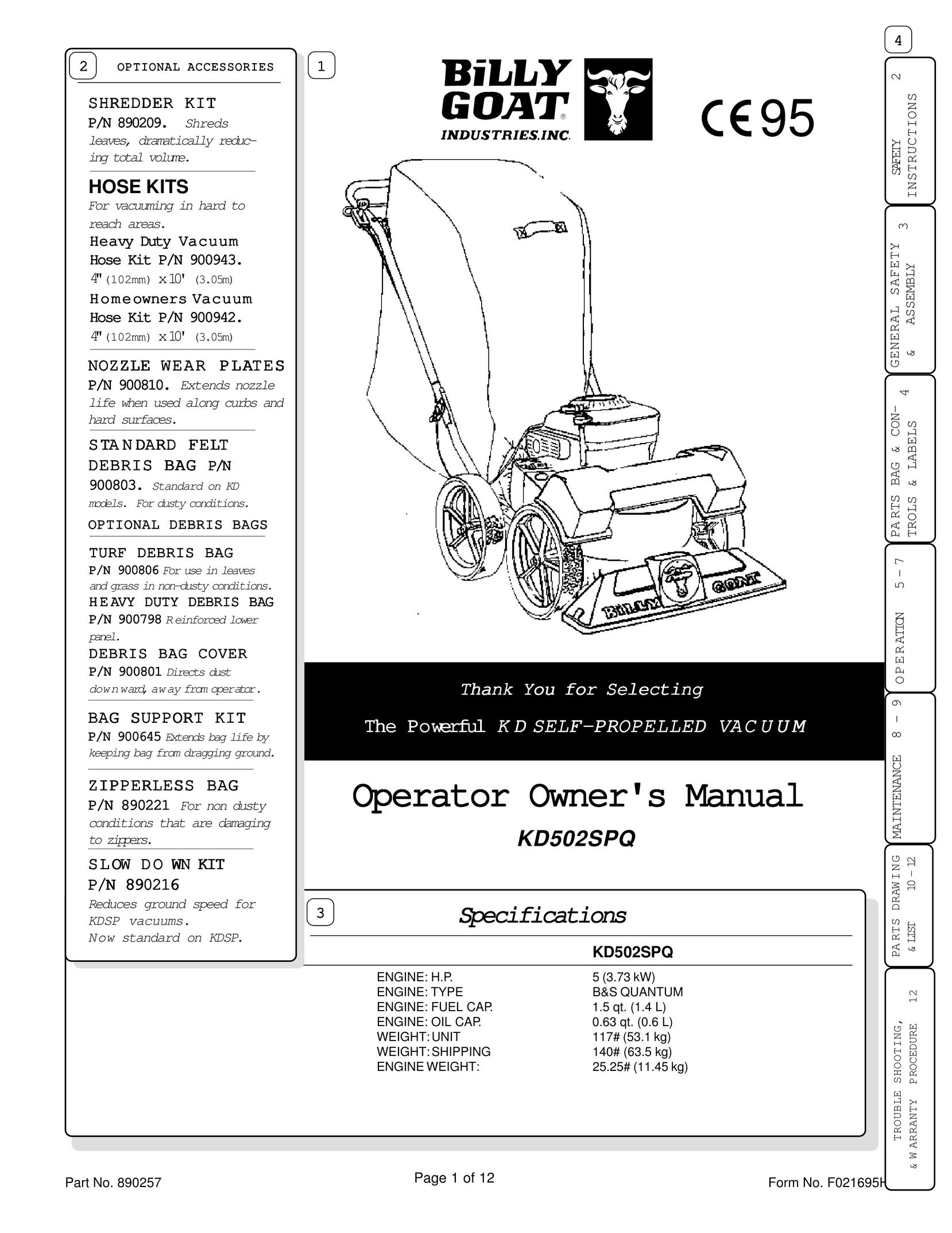 Billy Goat KD502SPQ Vacuum Cleaner User Manual