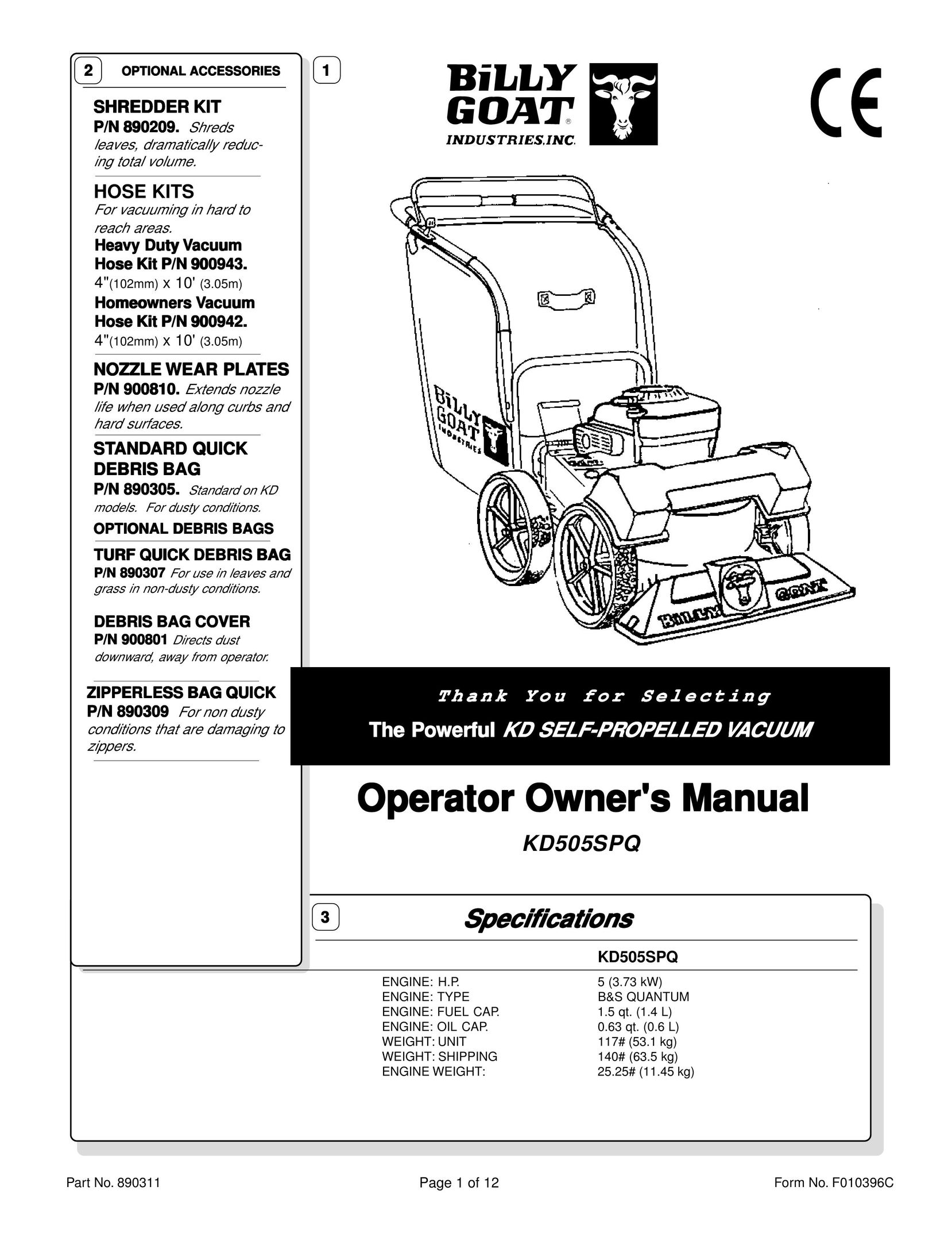 Billy Goat KD505SPQ Vacuum Cleaner User Manual