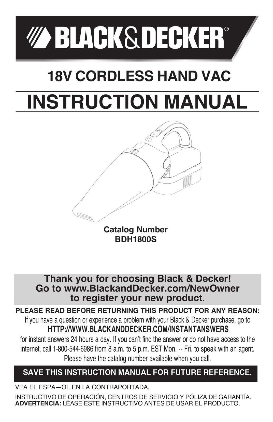Black & Decker BDH1800S Vacuum Cleaner User Manual