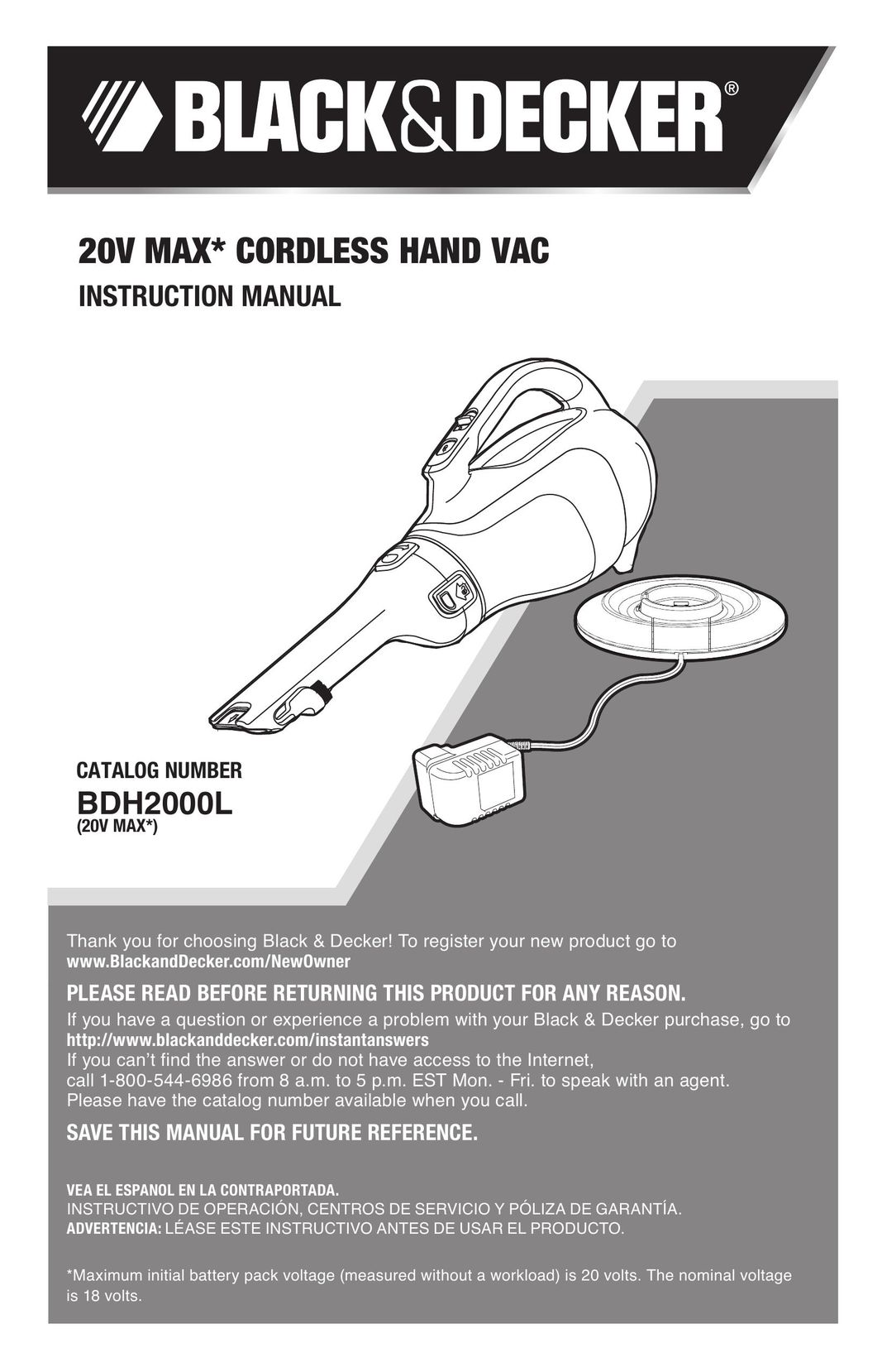 Black & Decker BDH2000L Vacuum Cleaner User Manual