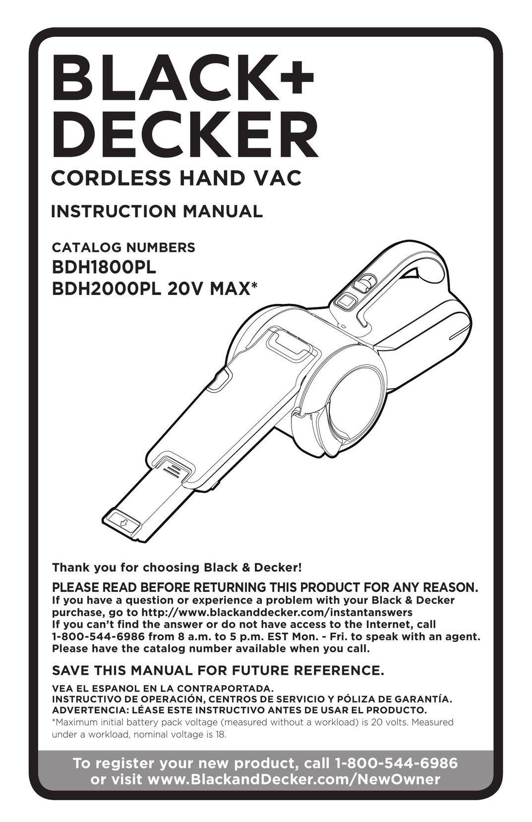 Black & Decker BDH2000PL Vacuum Cleaner User Manual