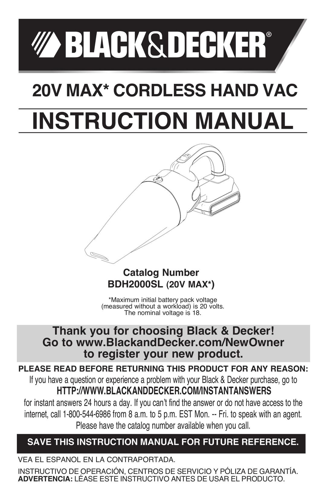 Black & Decker BDH2000SDL Vacuum Cleaner User Manual