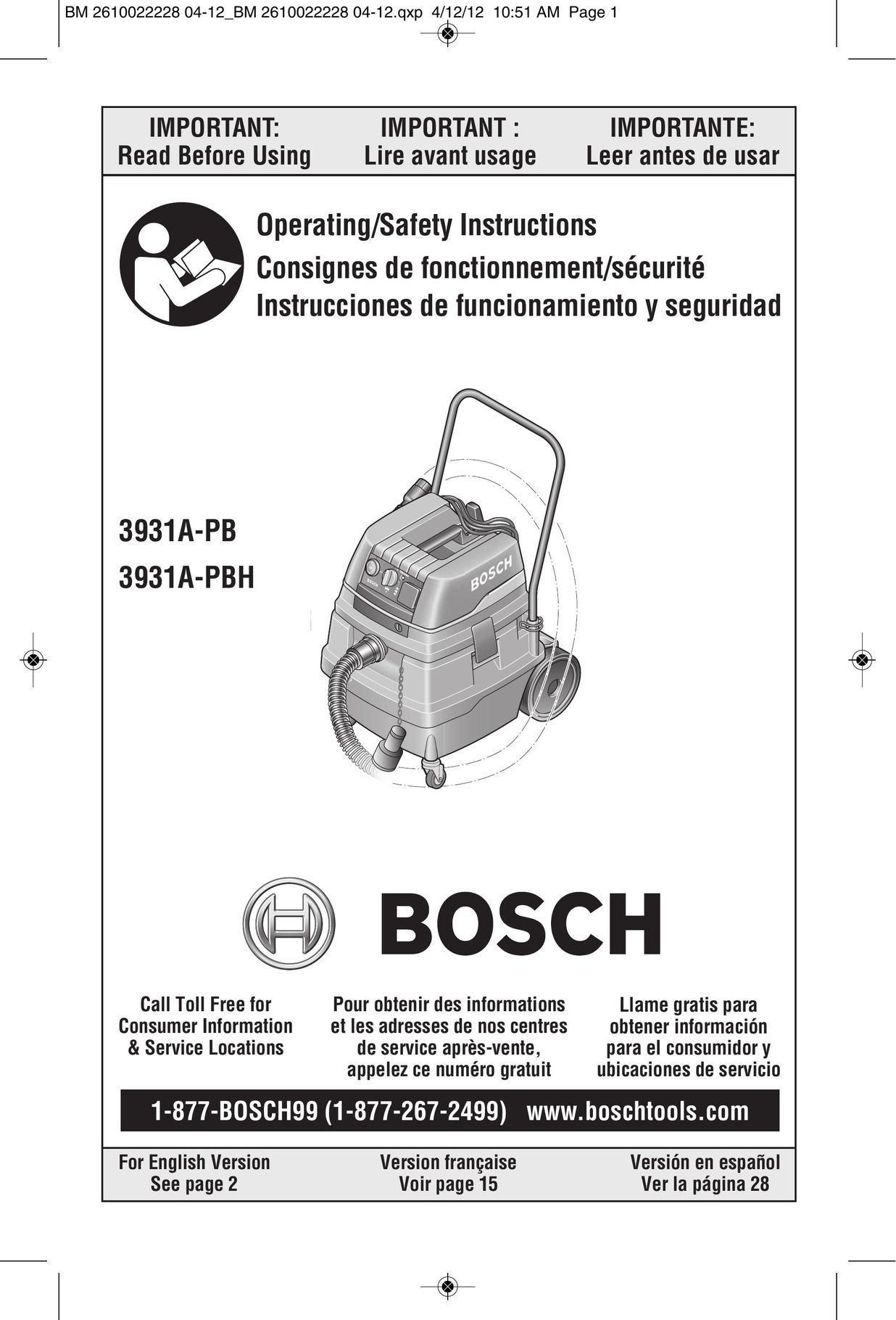 Bosch Power Tools 3931A-PB Vacuum Cleaner User Manual