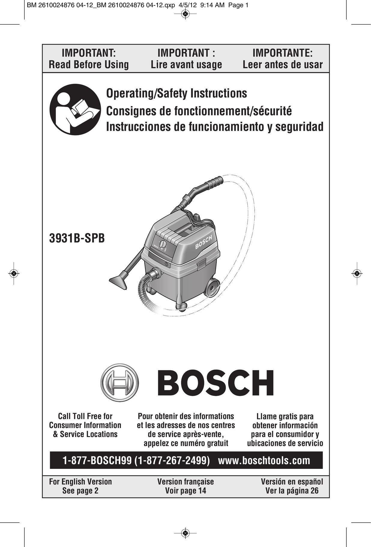 Bosch Power Tools 3931B-SPB Vacuum Cleaner User Manual