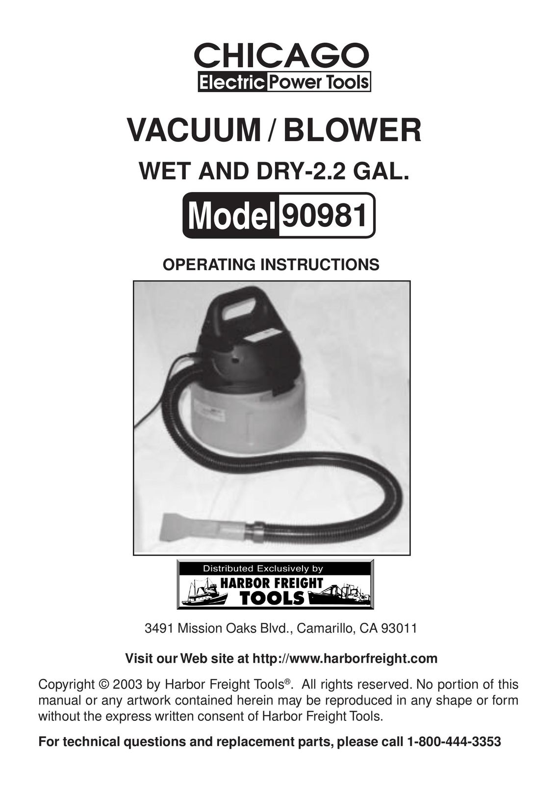 Chicago Electric 90981 Vacuum Cleaner User Manual