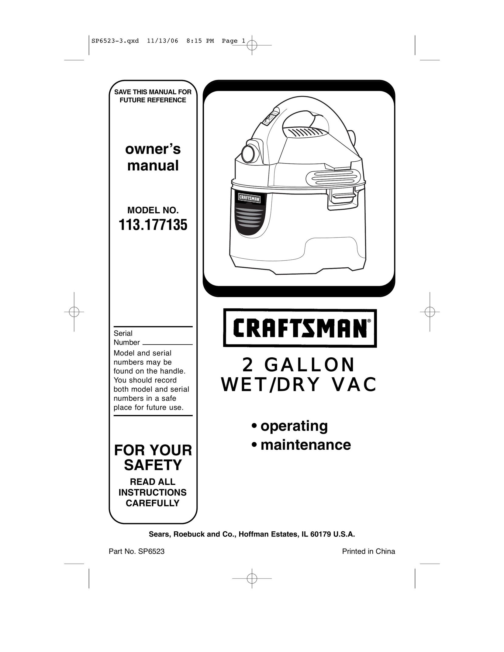 Craftsman 113.177135 Vacuum Cleaner User Manual