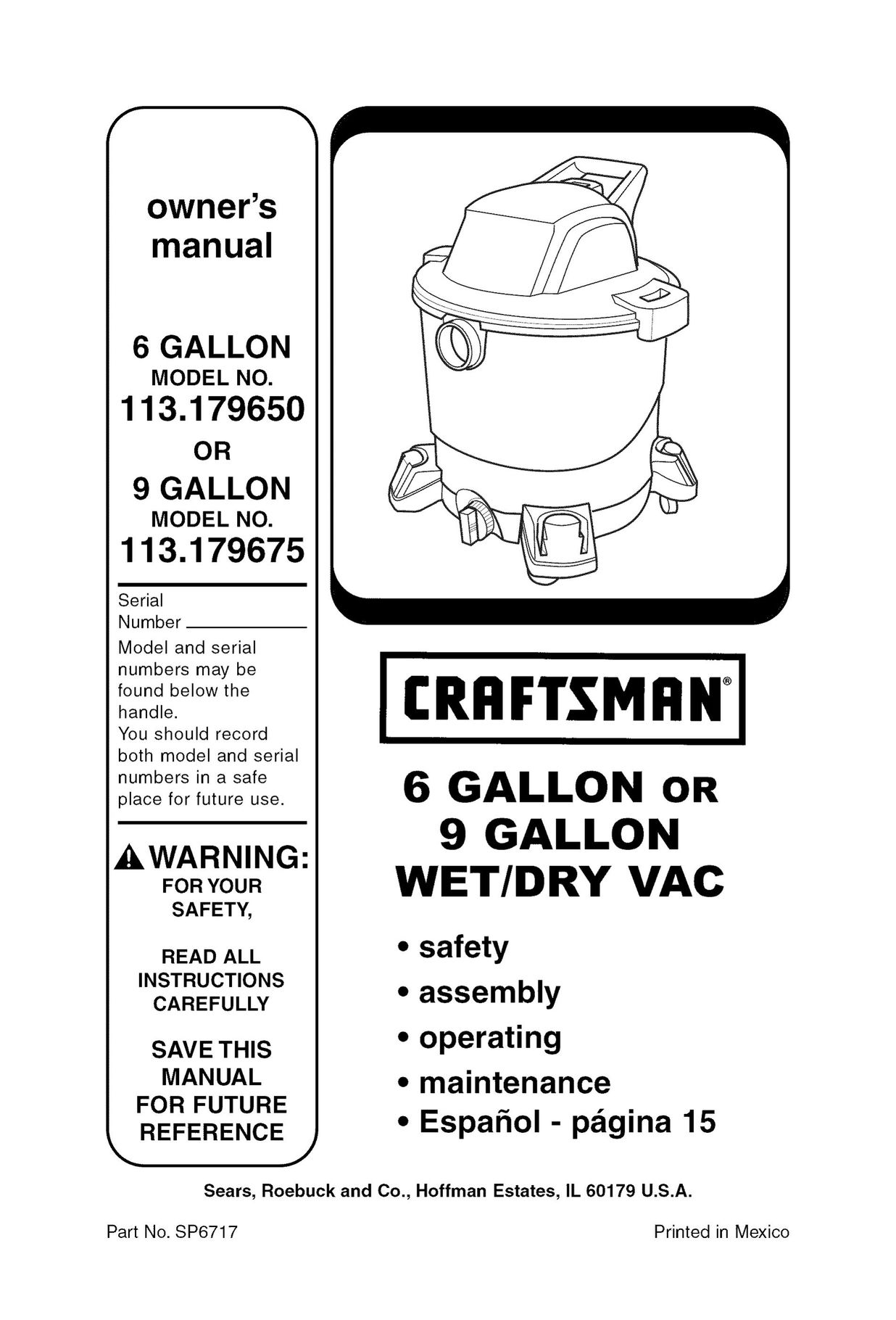 Craftsman 113.17965 Vacuum Cleaner User Manual