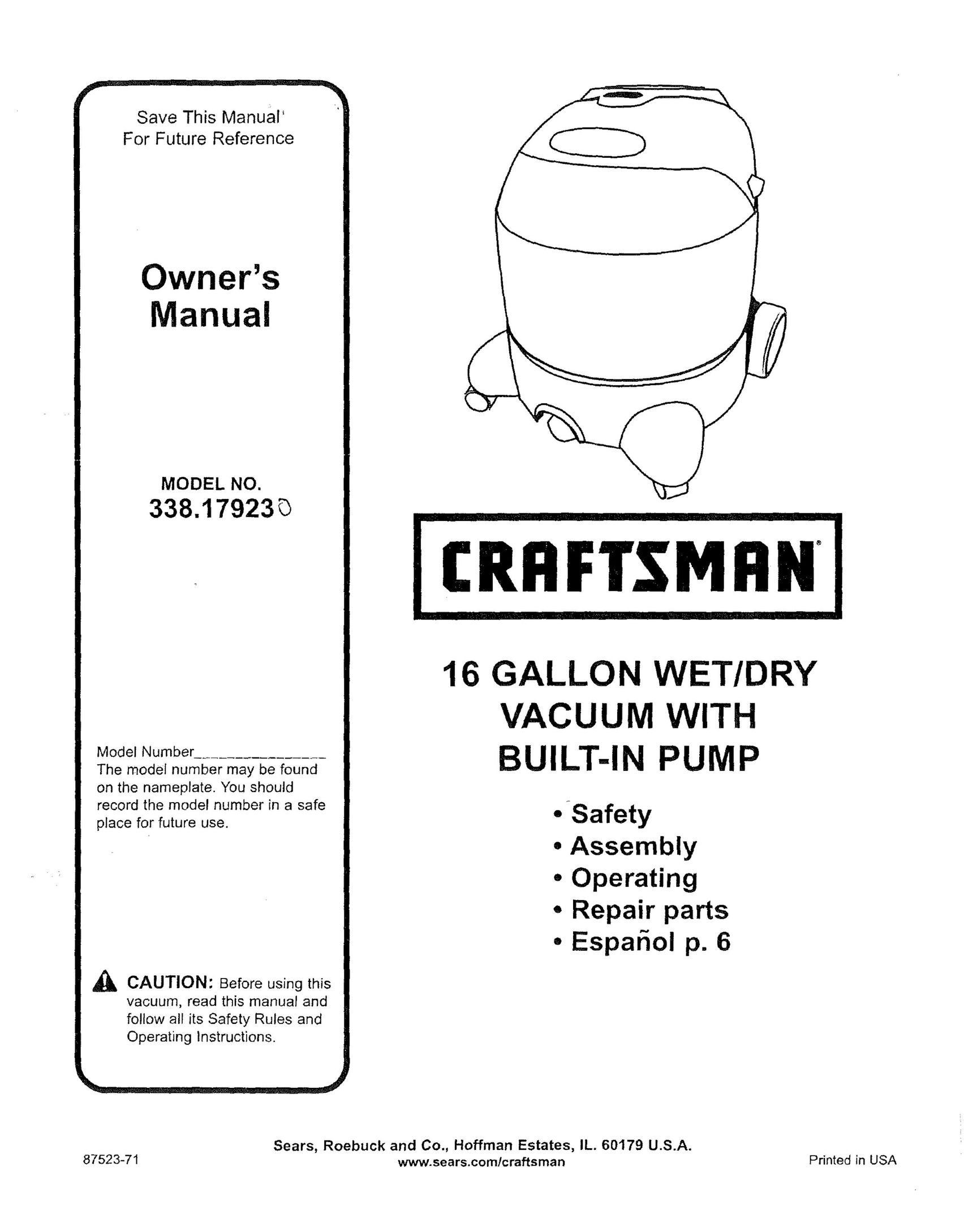 Craftsman 338.17923 Vacuum Cleaner User Manual
