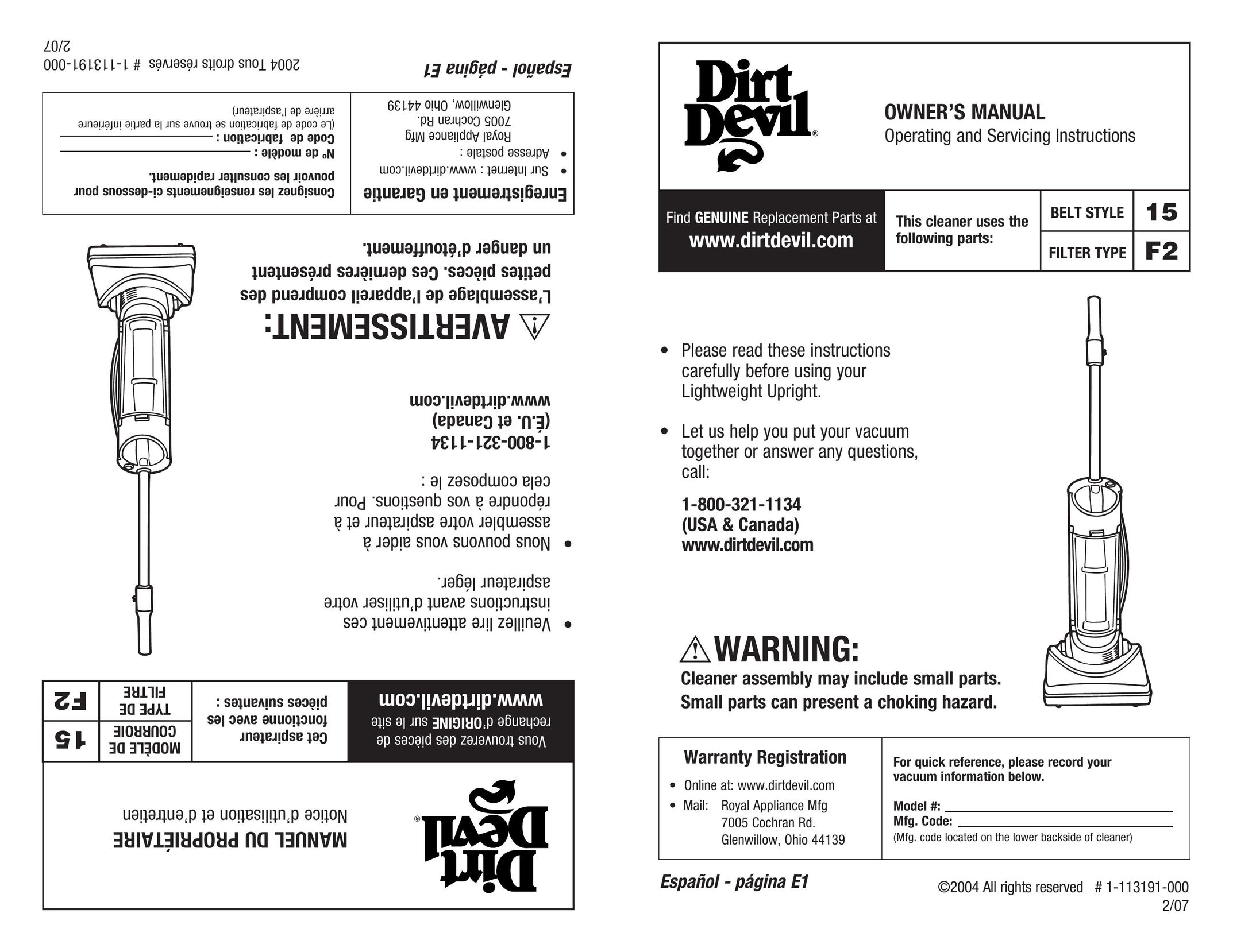 Dirt Devil 1-113191-000 Vacuum Cleaner User Manual