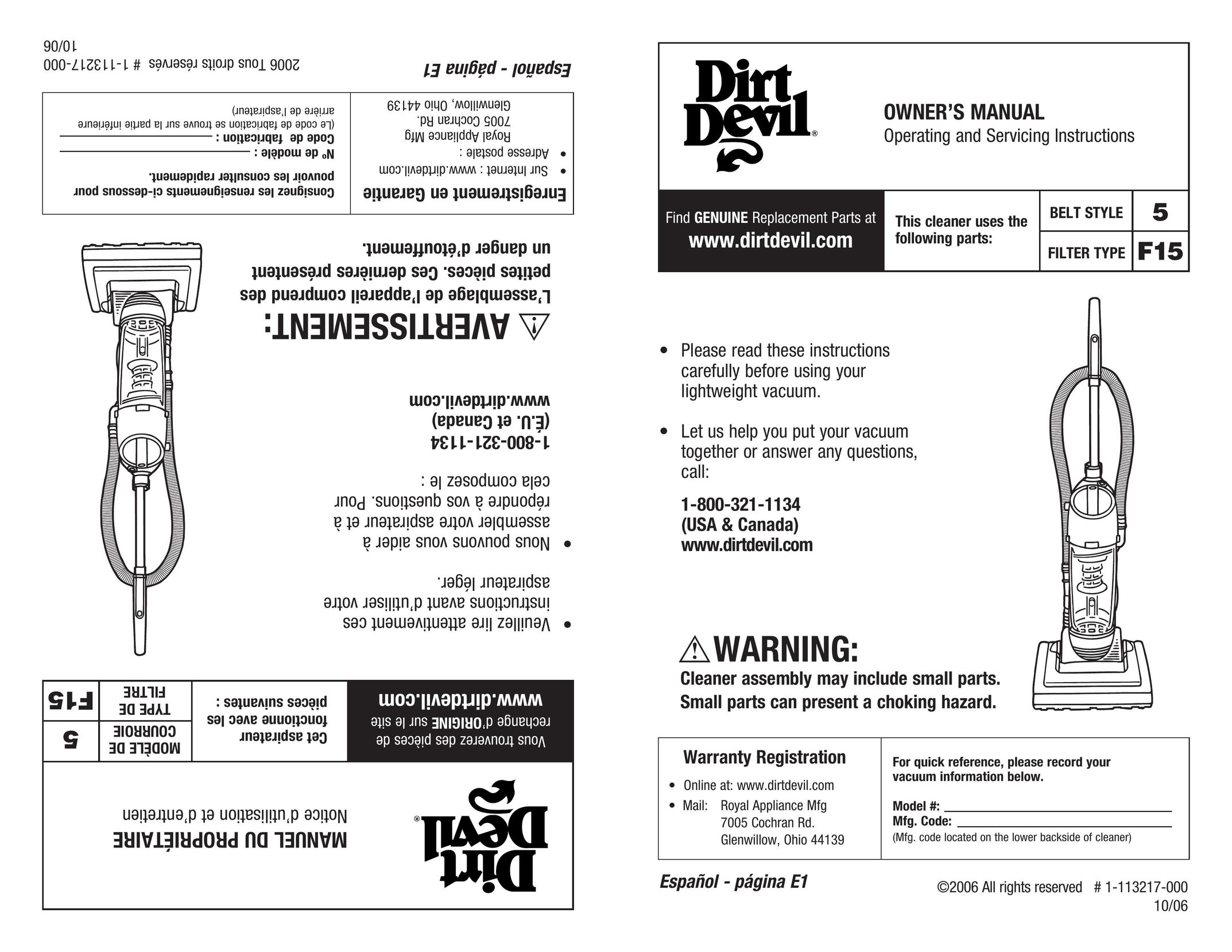 Dirt Devil 1-113217-000 Vacuum Cleaner User Manual