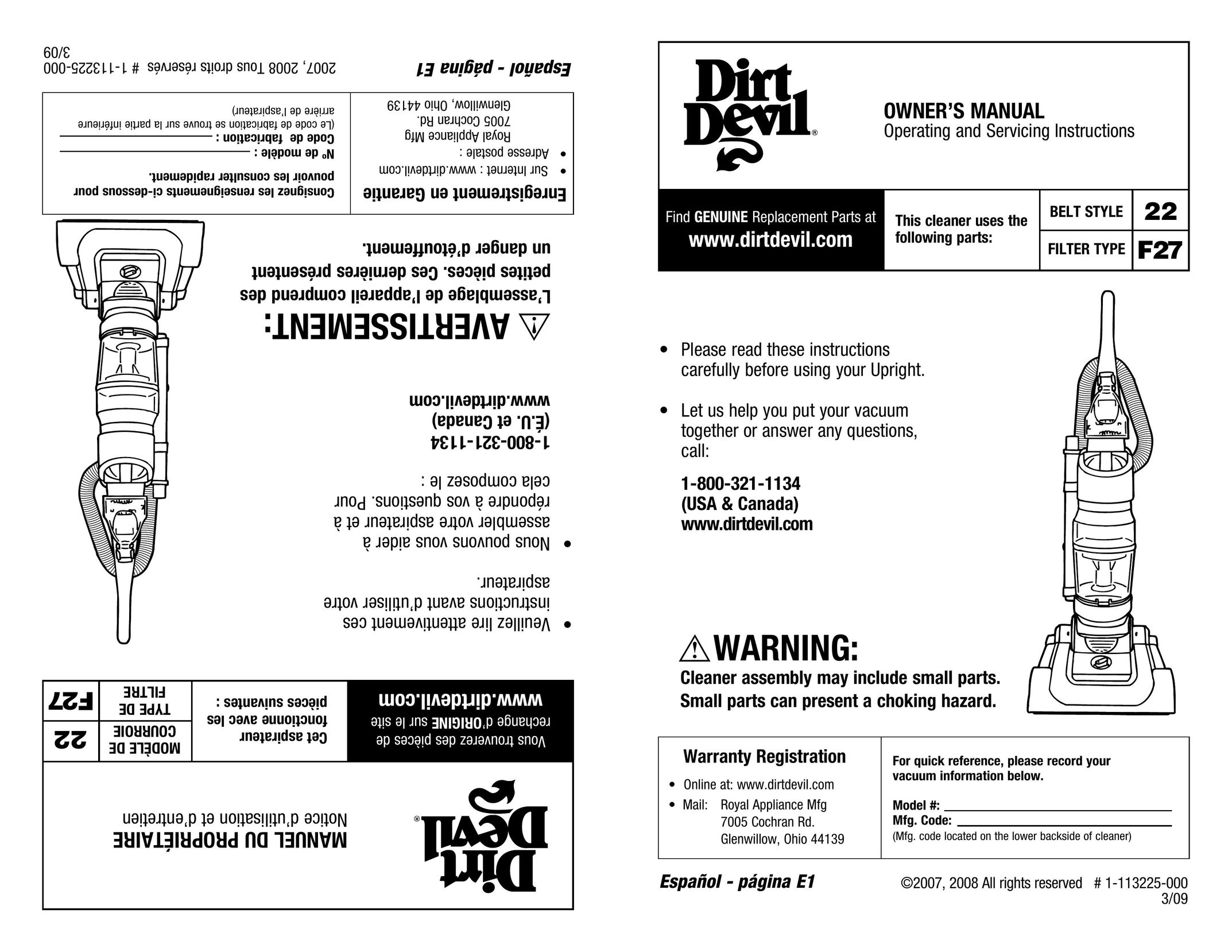Dirt Devil 1-113225-000 Vacuum Cleaner User Manual