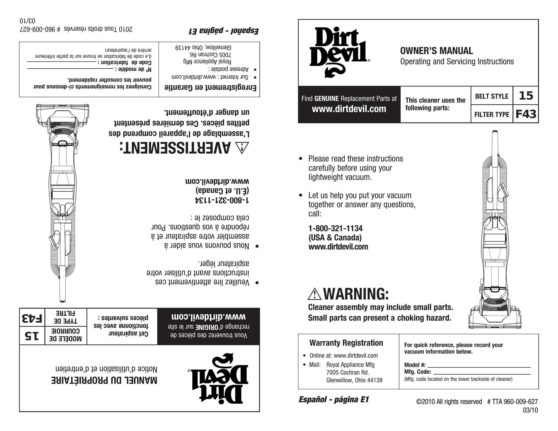 Dirt Devil 960-009-627 Vacuum Cleaner User Manual