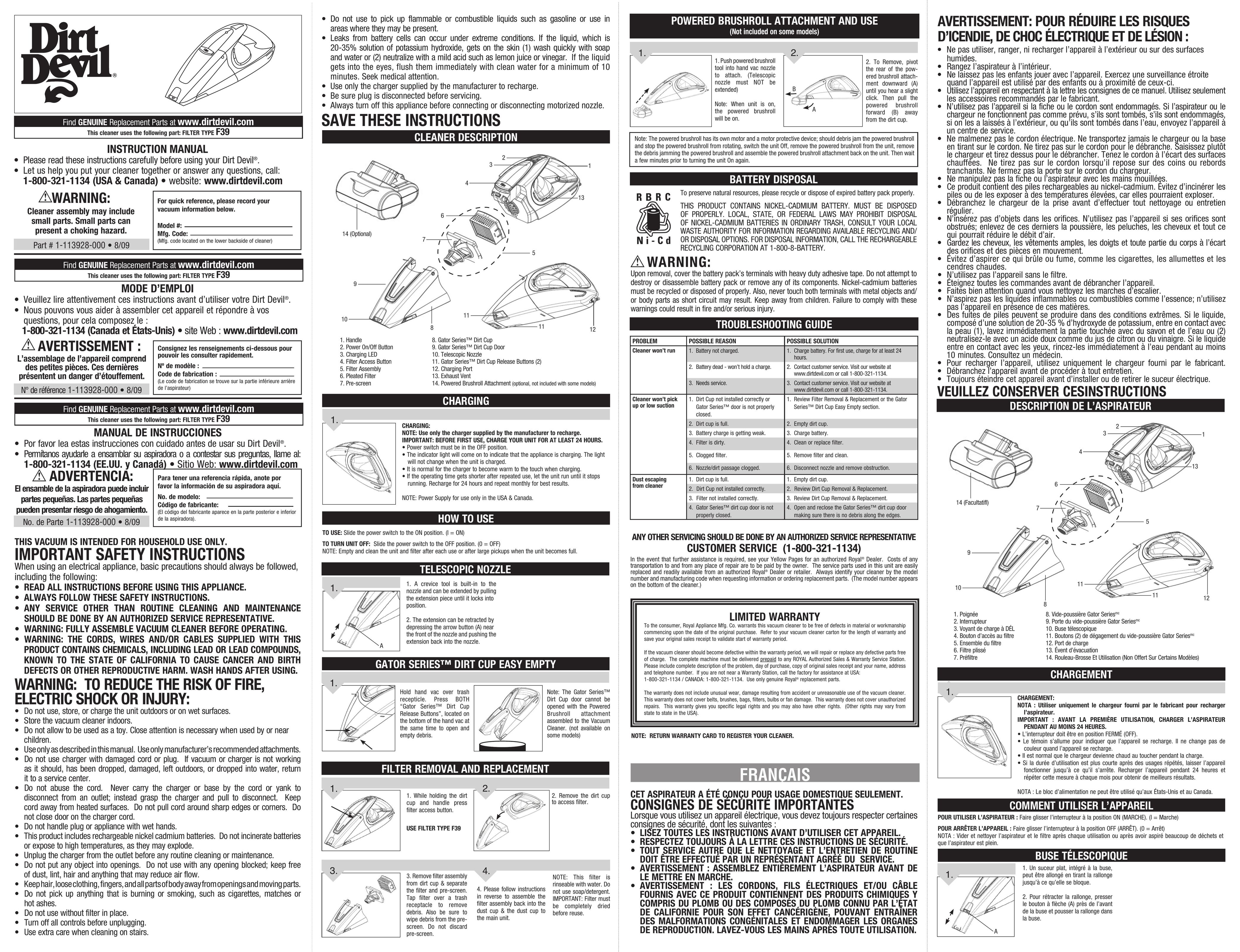 Dirt Devil BD10165 Vacuum Cleaner User Manual