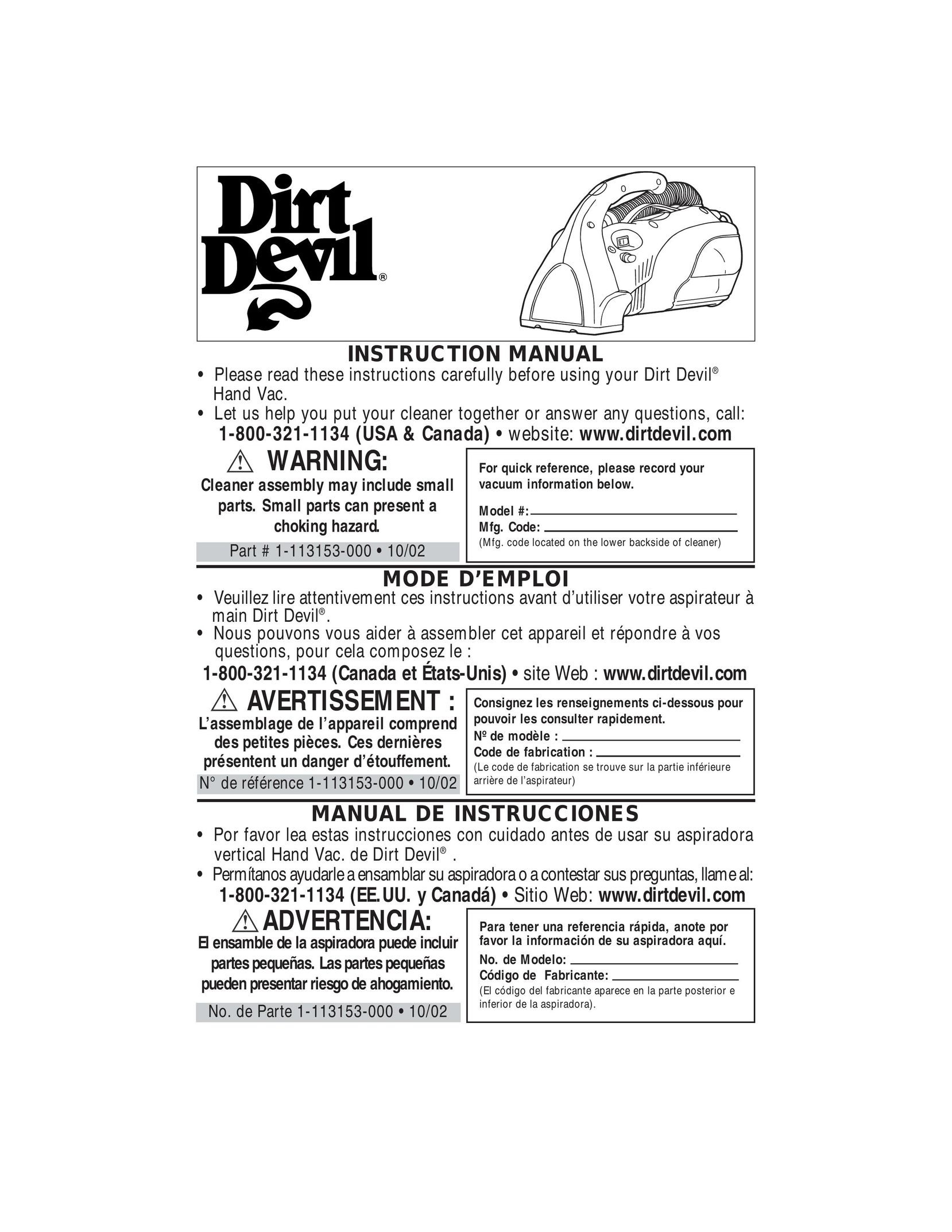 Dirt Devil Hand Vac Vacuum Cleaner User Manual