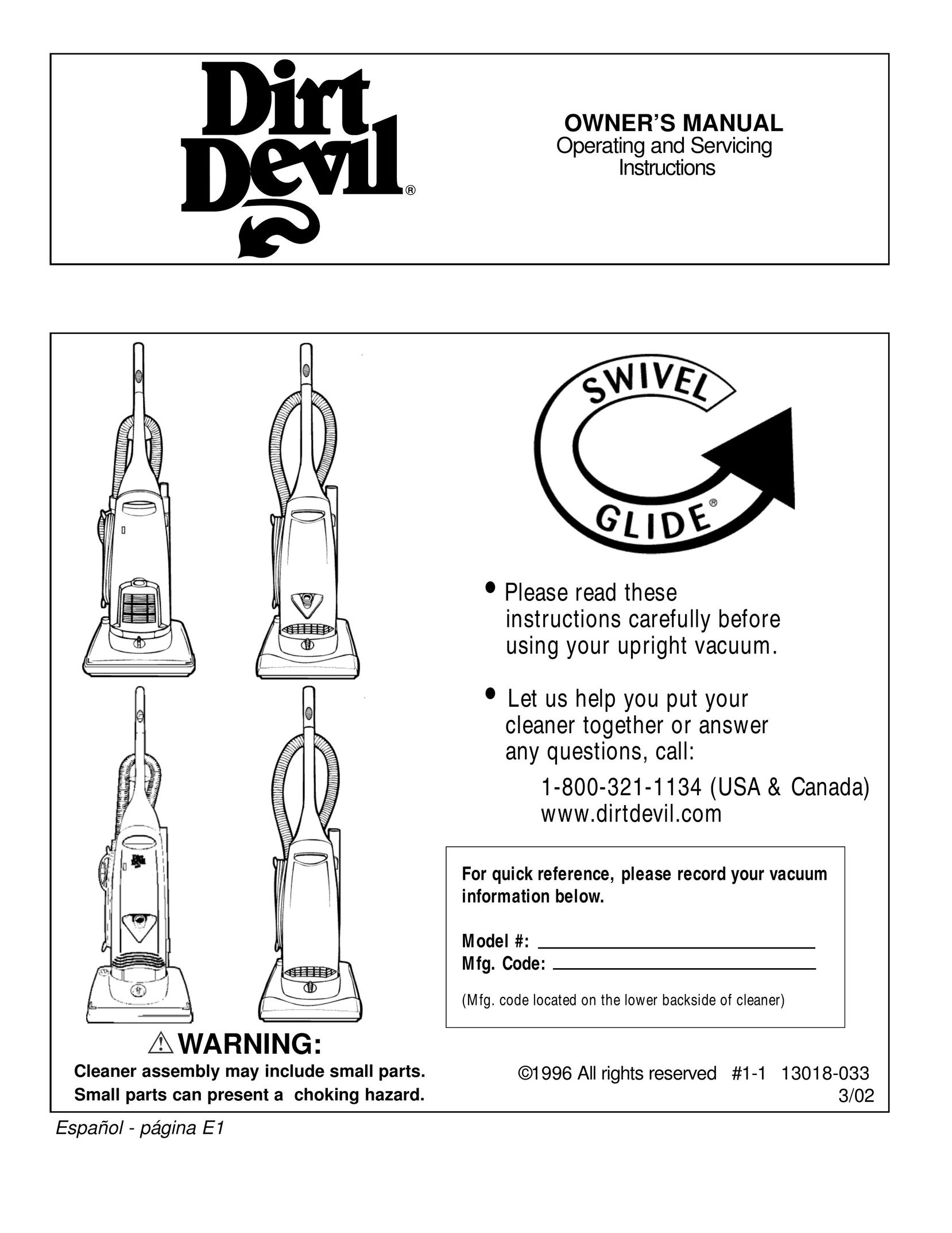 Dirt Devil Swivel Glide Vacuum Cleaner User Manual