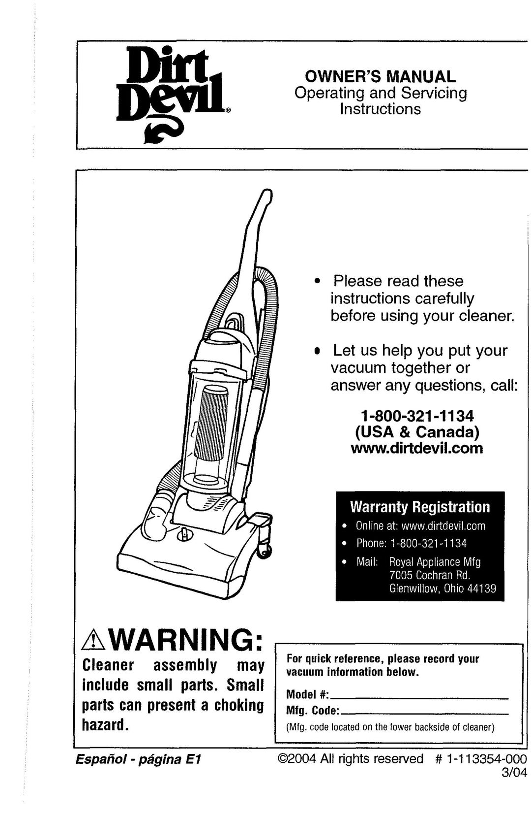 Dirt Devil UD40235DI Vacuum Cleaner User Manual