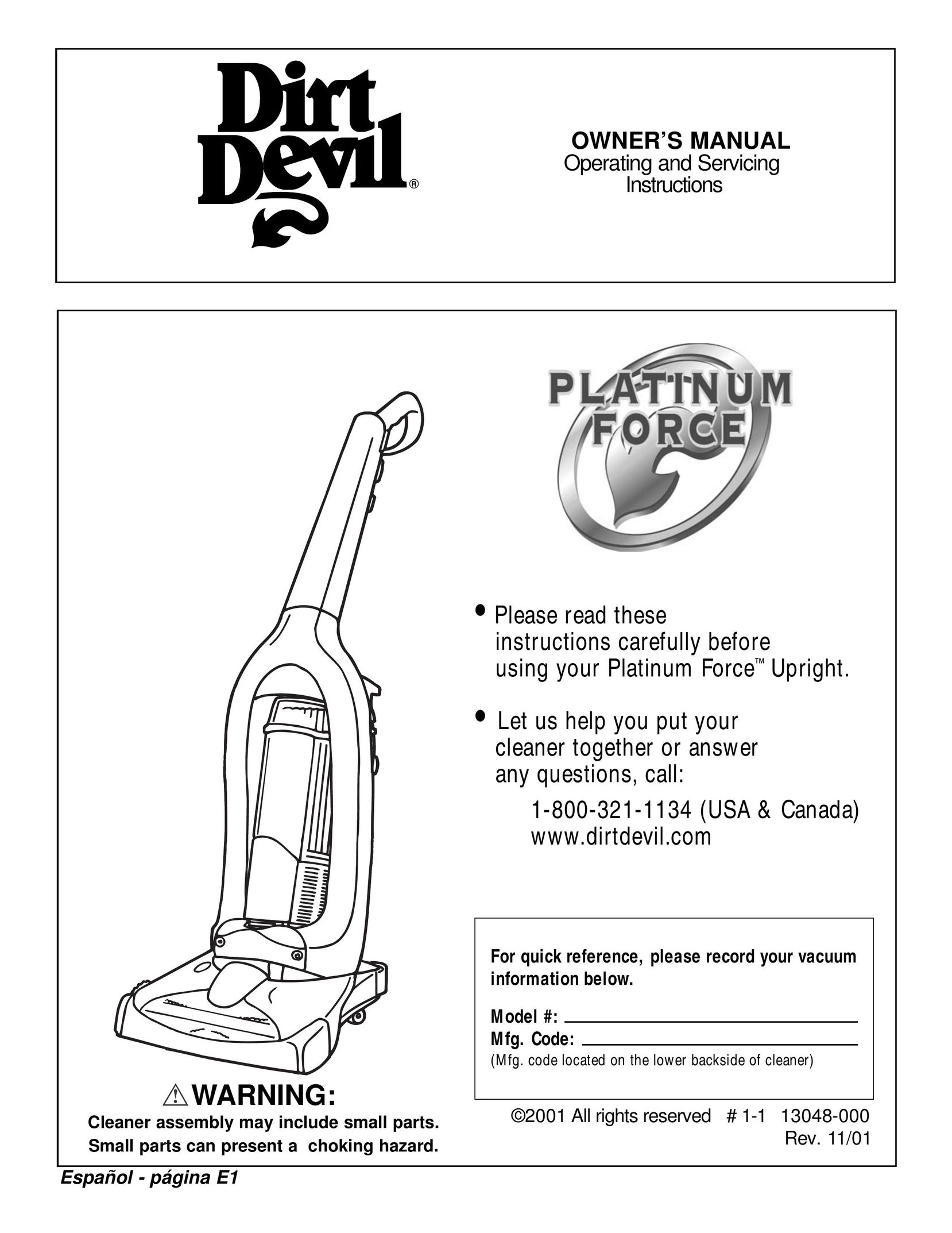 Dirt Devil Upright Bagless Vacuum Cleaner Vacuum Cleaner User Manual