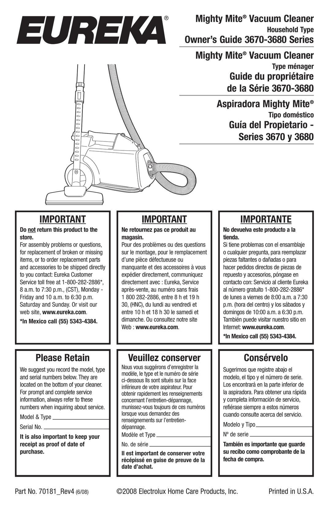 Eureka 3670 Vacuum Cleaner User Manual