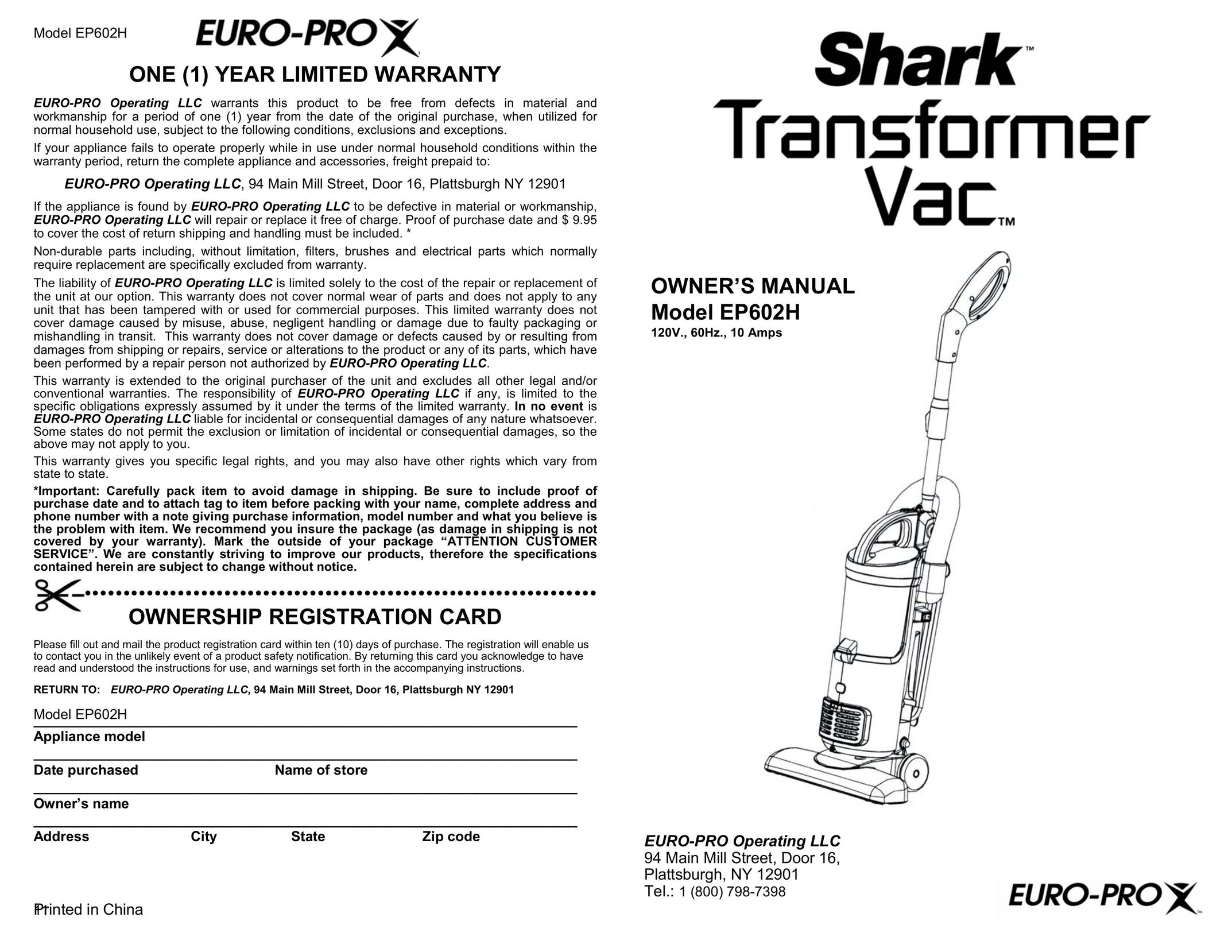 Euro-Pro EP602H Vacuum Cleaner User Manual