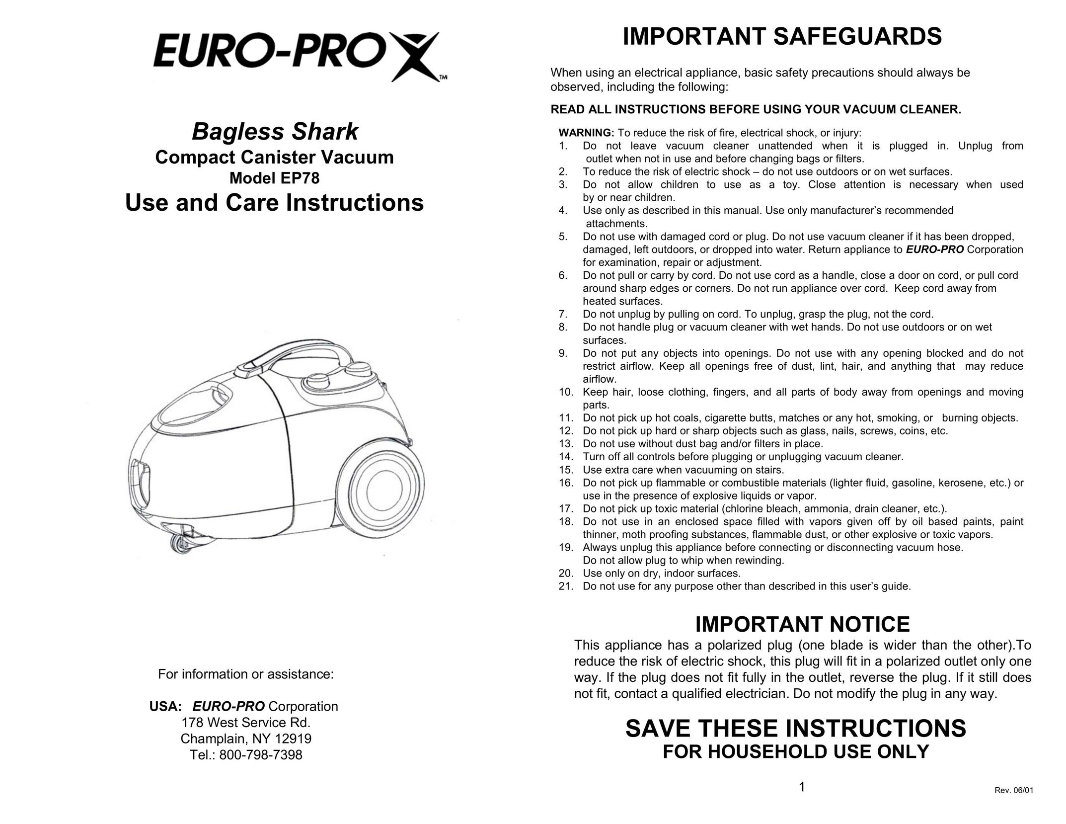 Euro-Pro EP78 Vacuum Cleaner User Manual
