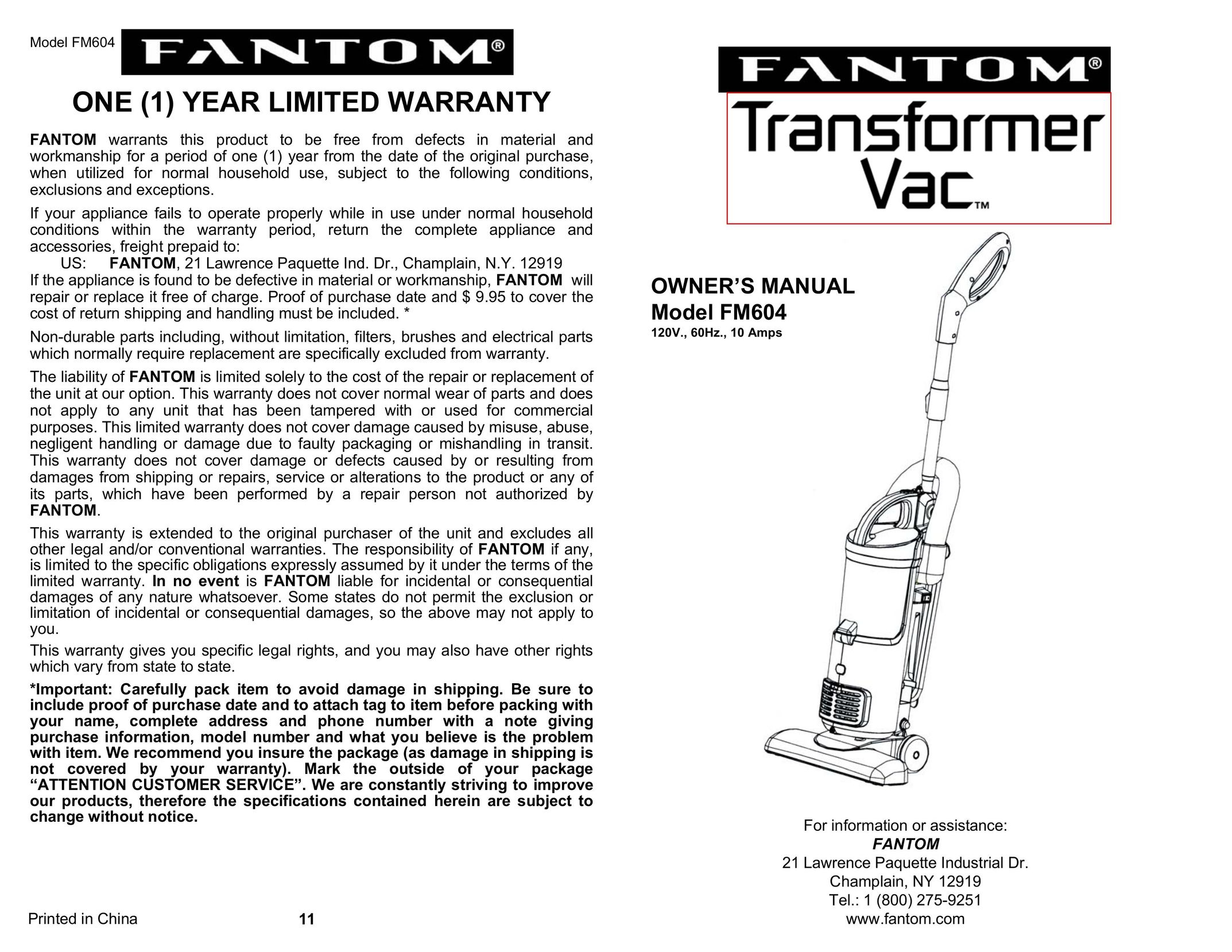 Fantom Vacuum FM604 Vacuum Cleaner User Manual