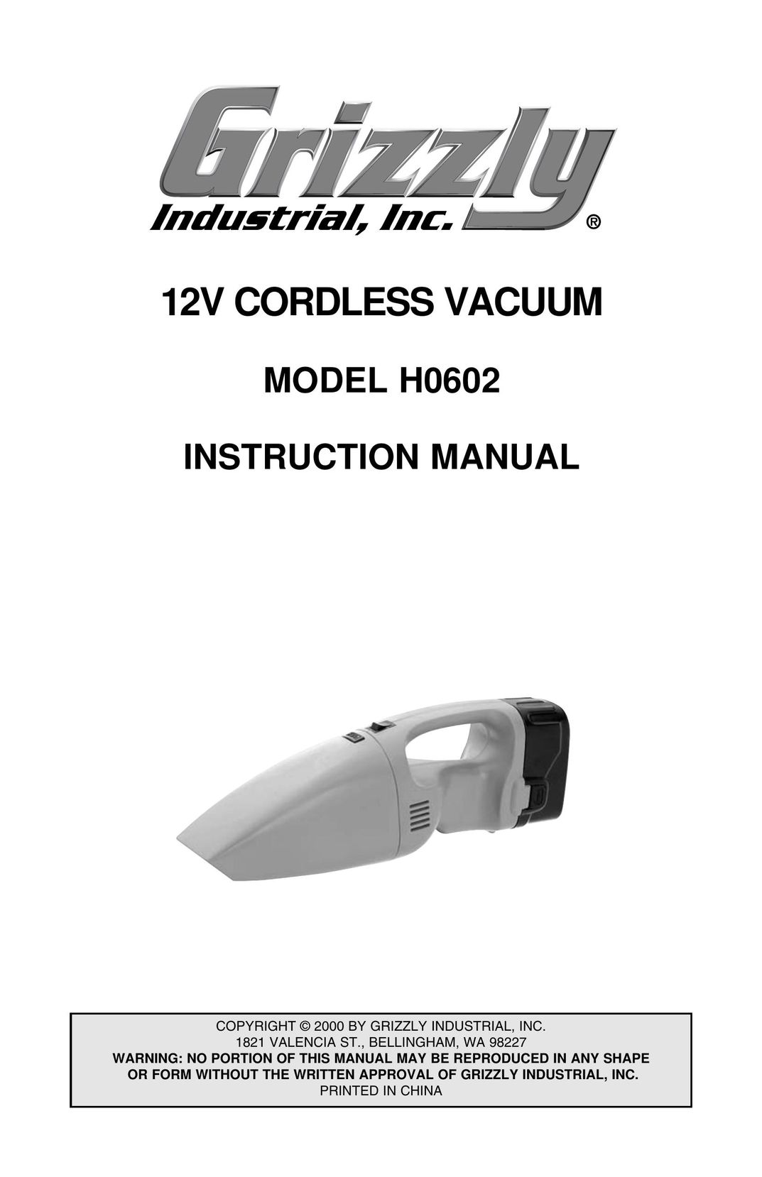 Grizzly H0602 Vacuum Cleaner User Manual