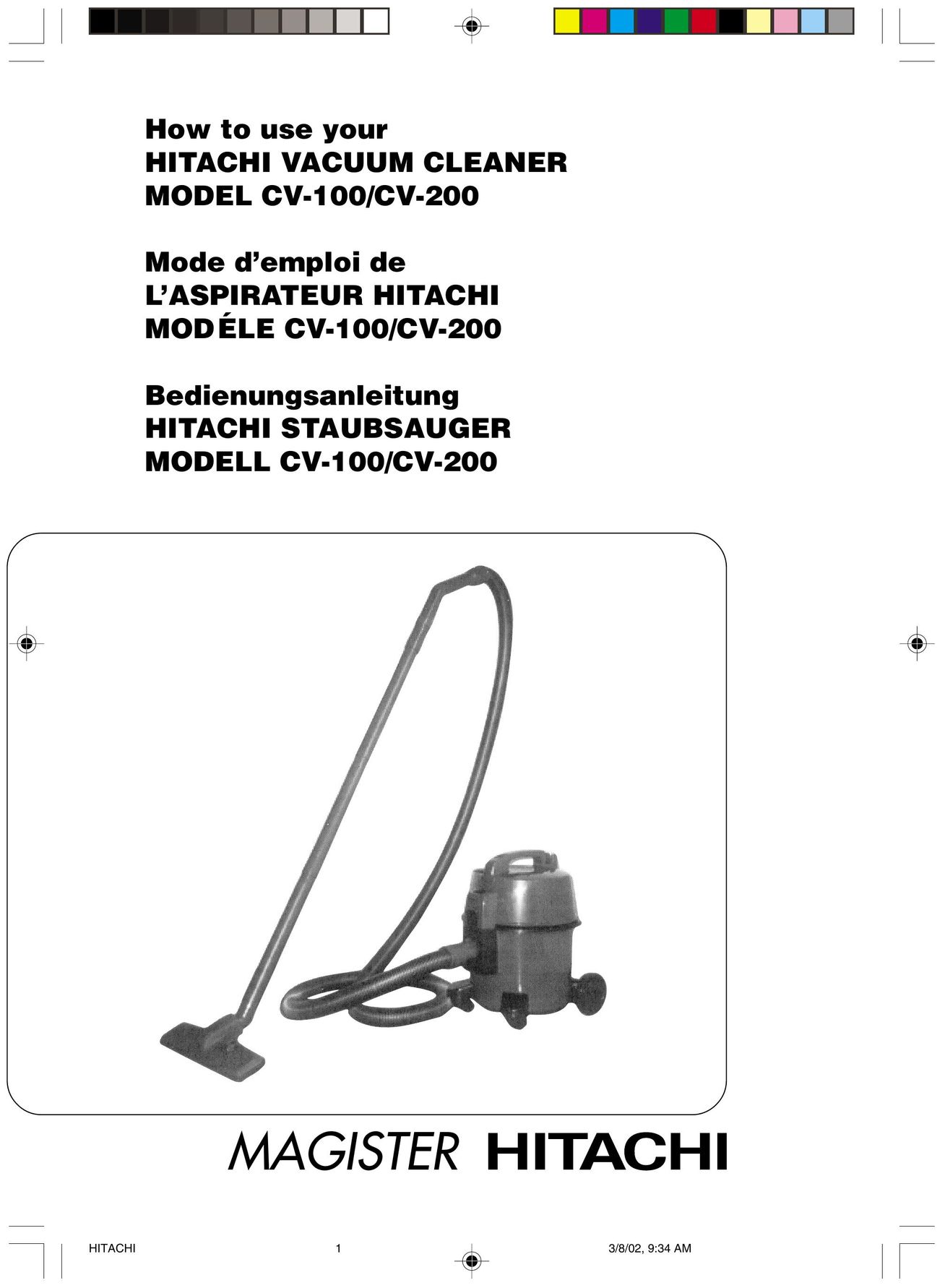 Hitachi CV-100 Vacuum Cleaner User Manual