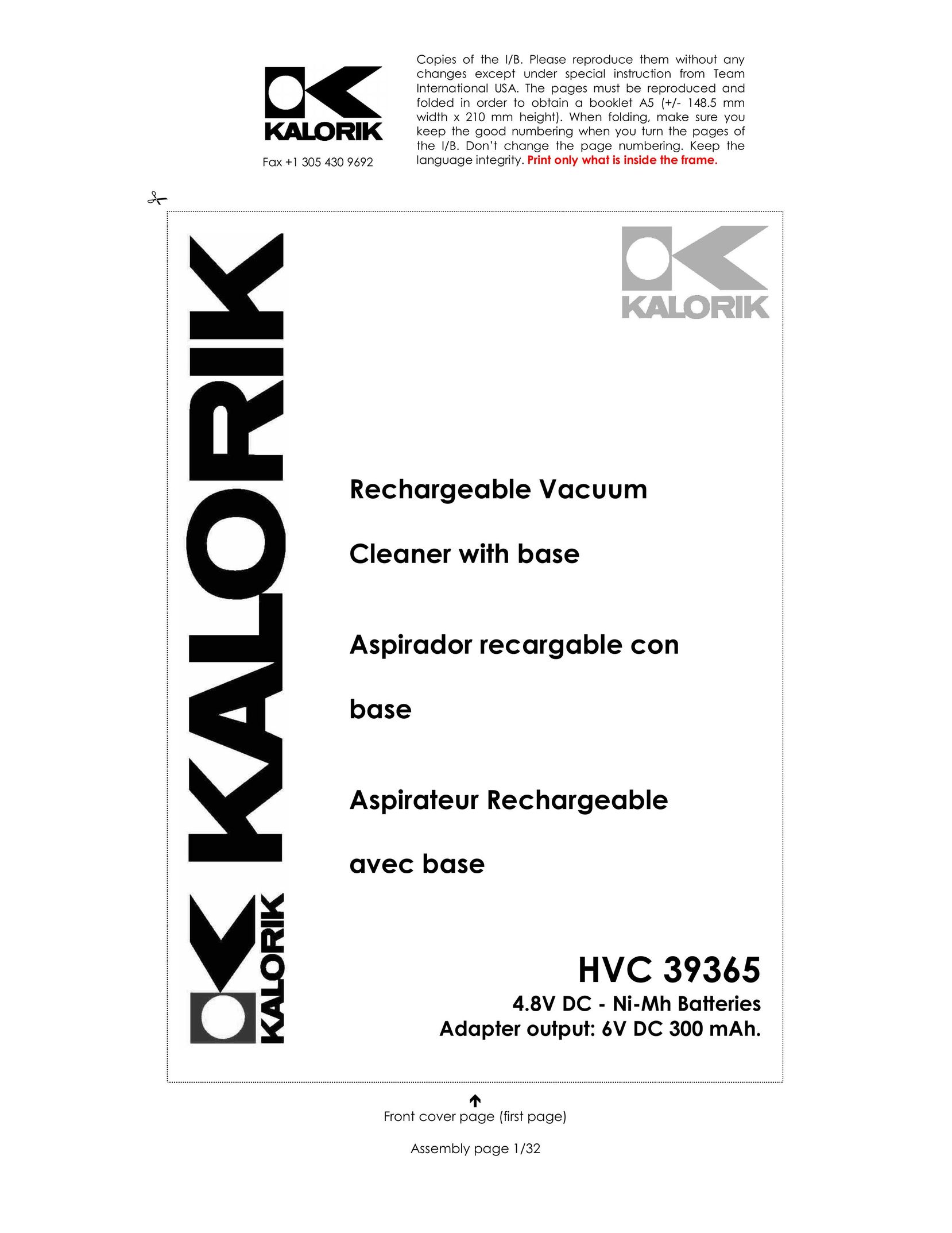 Kalorik HVC 39365 Vacuum Cleaner User Manual