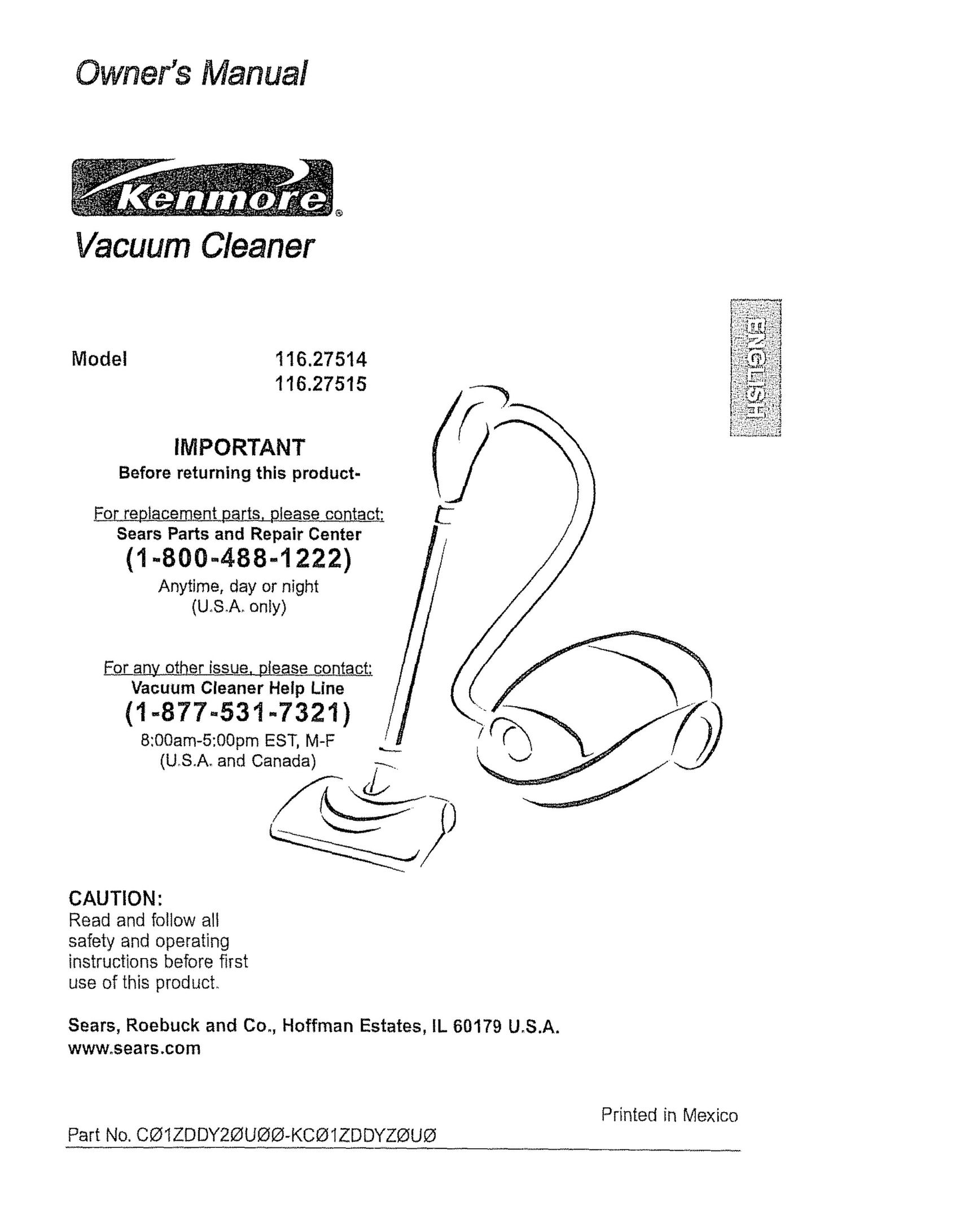 Kenmore 116.27514 Vacuum Cleaner User Manual