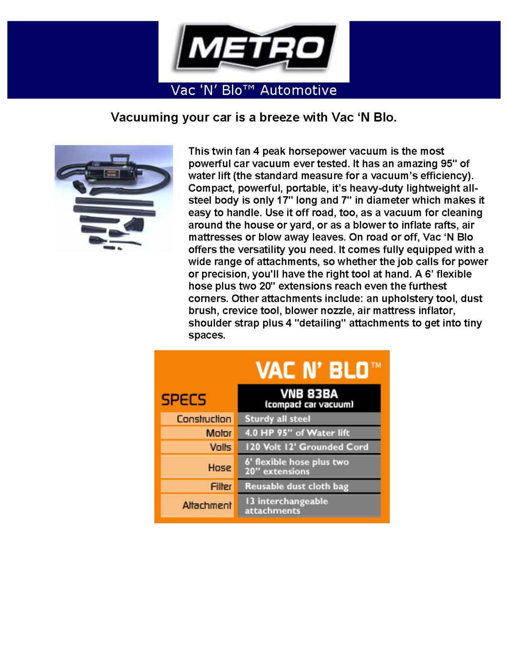 Metro DataVac VAC N' BLO Vacuum Cleaner User Manual