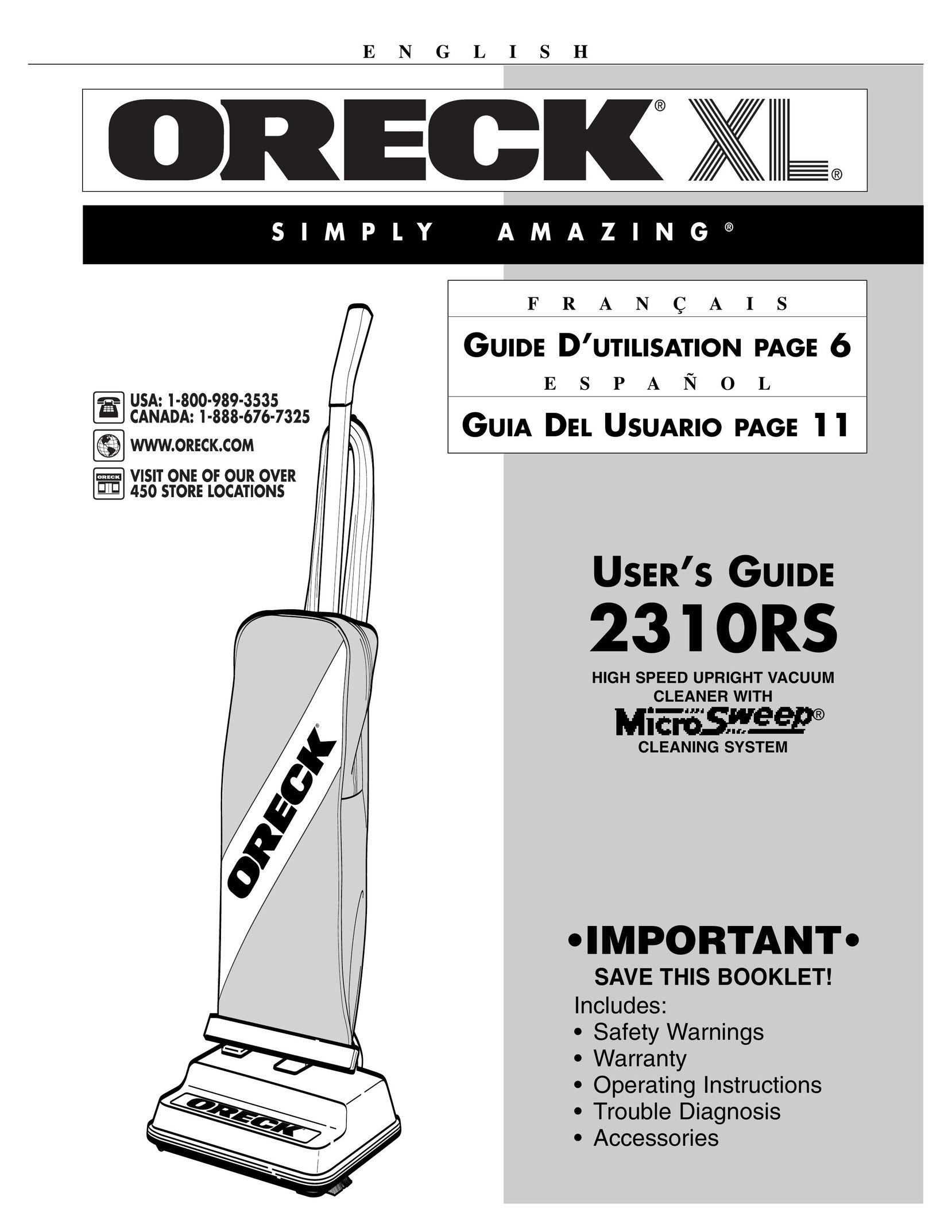 Oreck 2310RS Vacuum Cleaner User Manual