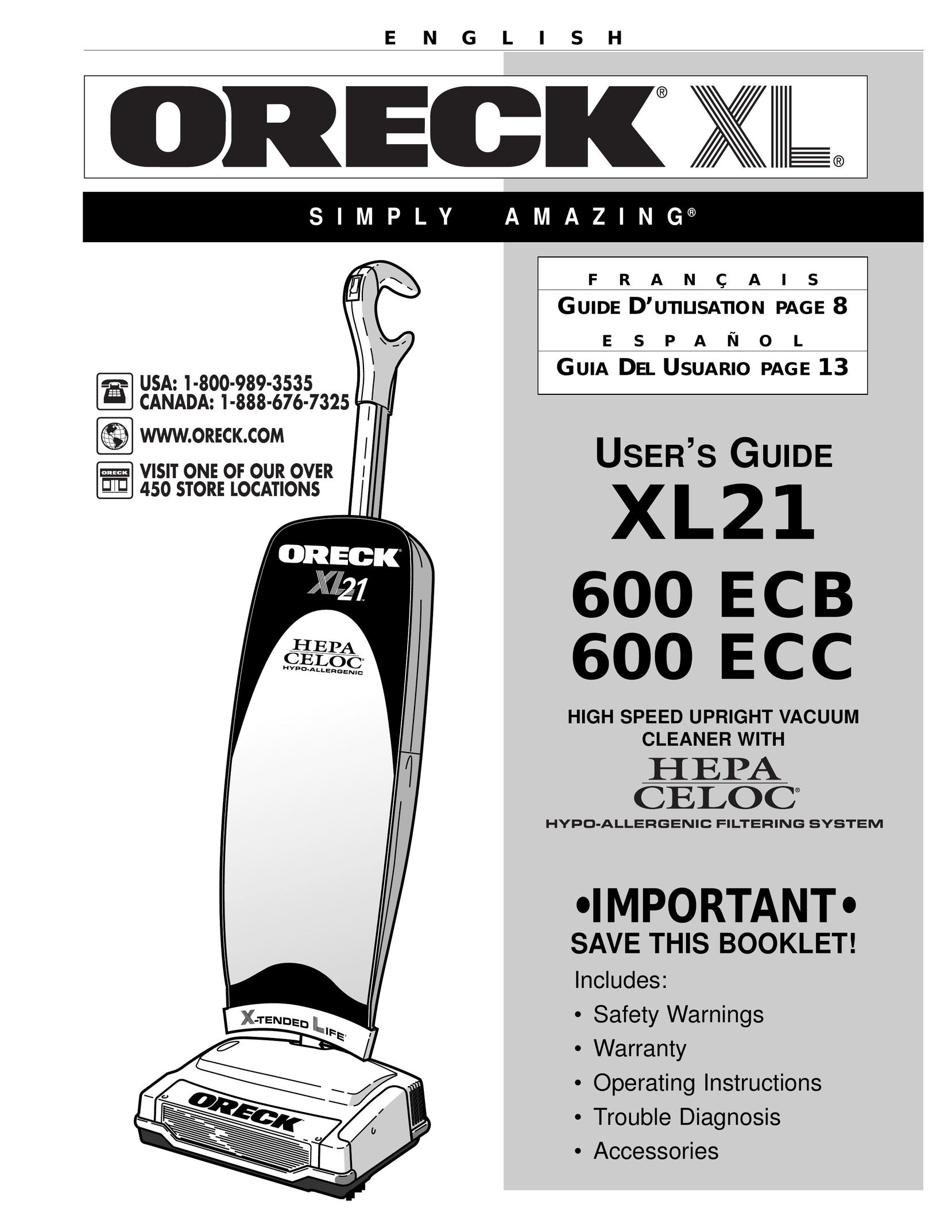 Oreck 600 ECC Vacuum Cleaner User Manual