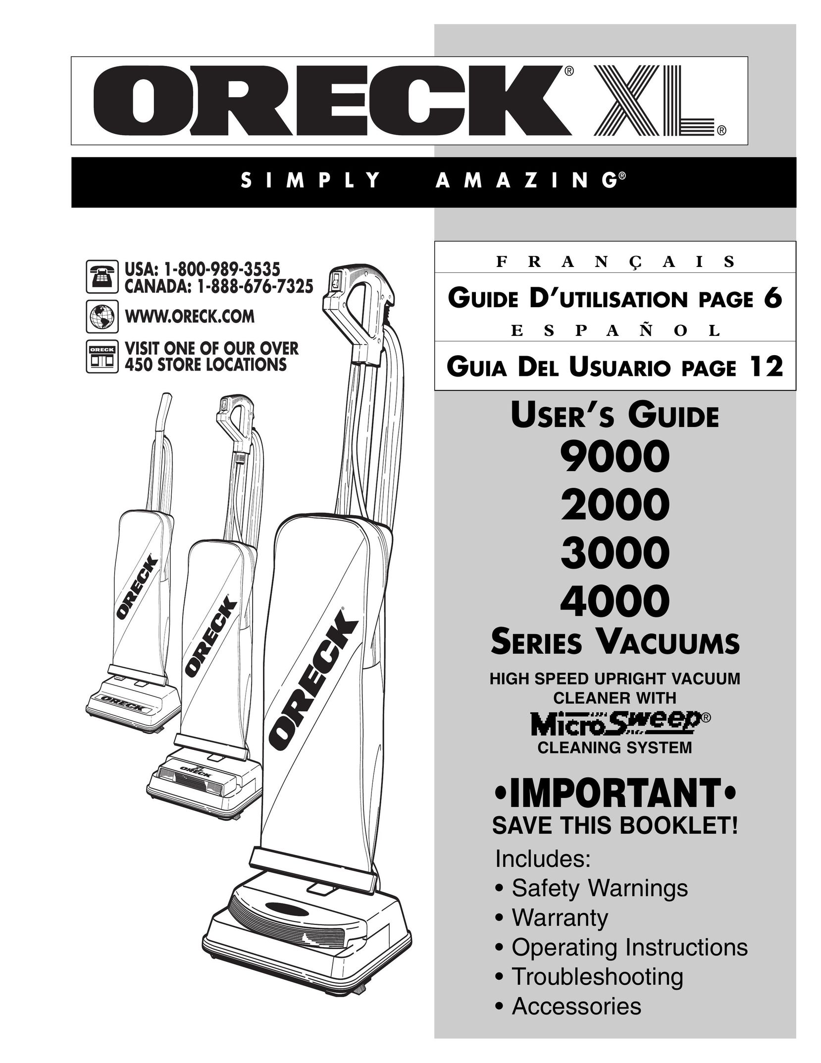 Oreck 9000 Vacuum Cleaner User Manual