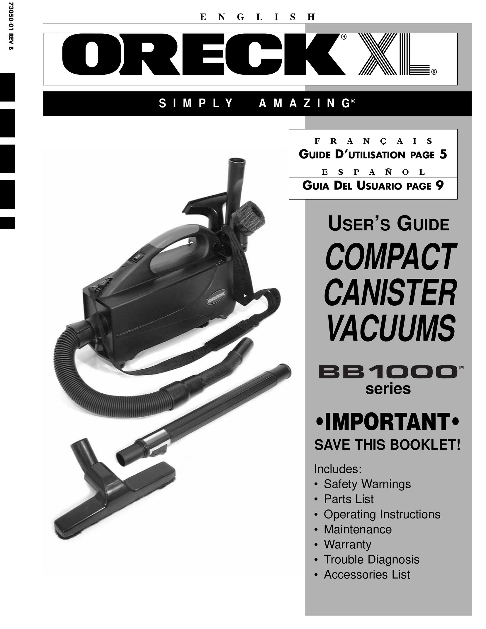 Oreck BB1000 Vacuum Cleaner User Manual