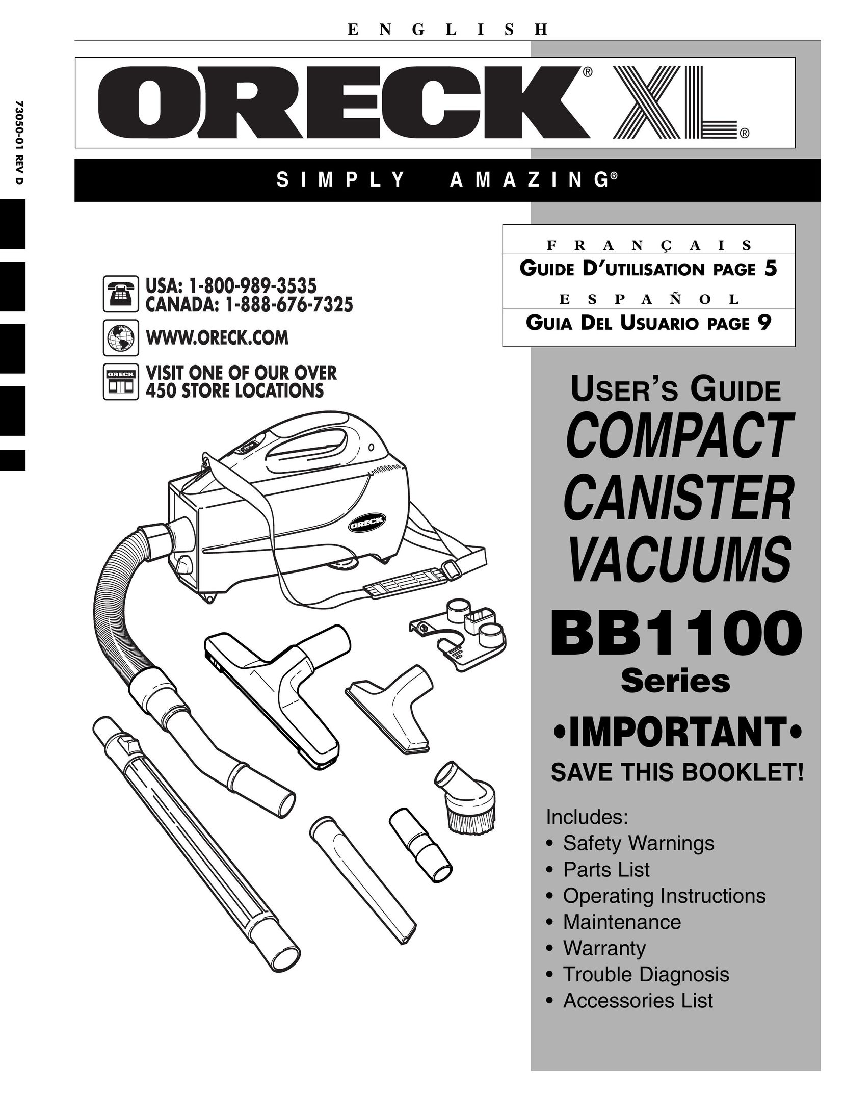 Oreck BB1100 Vacuum Cleaner User Manual