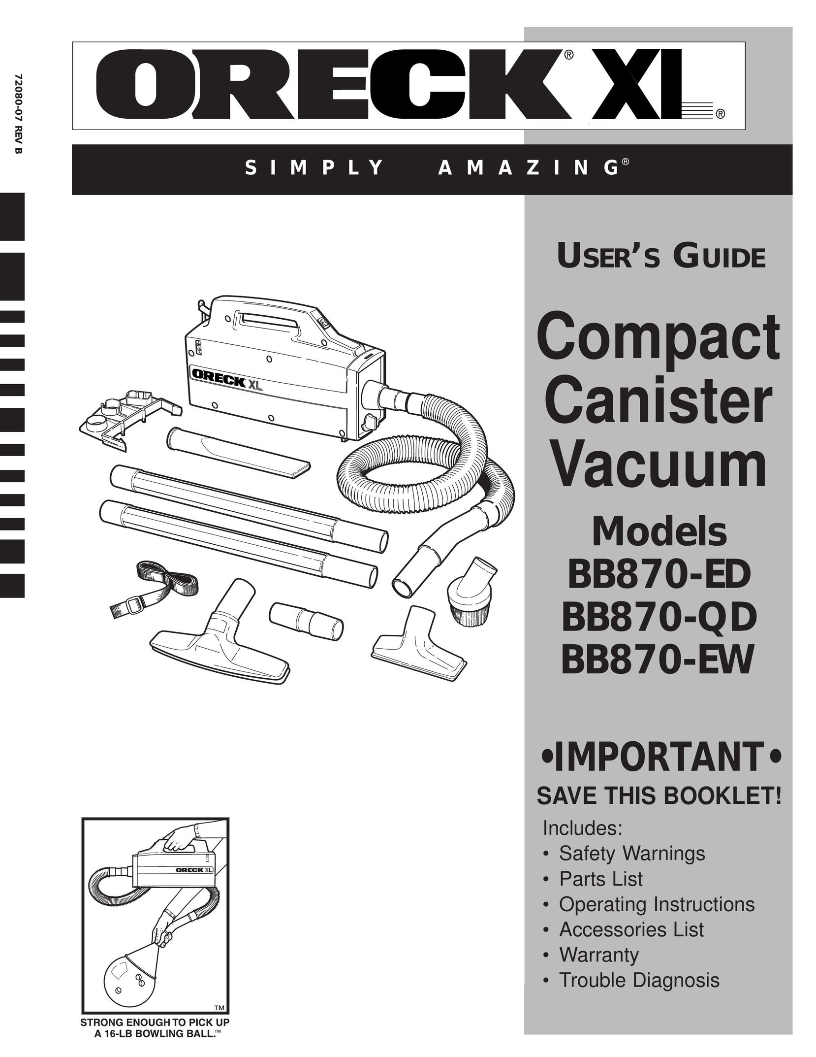 Oreck BB870-EW Vacuum Cleaner User Manual