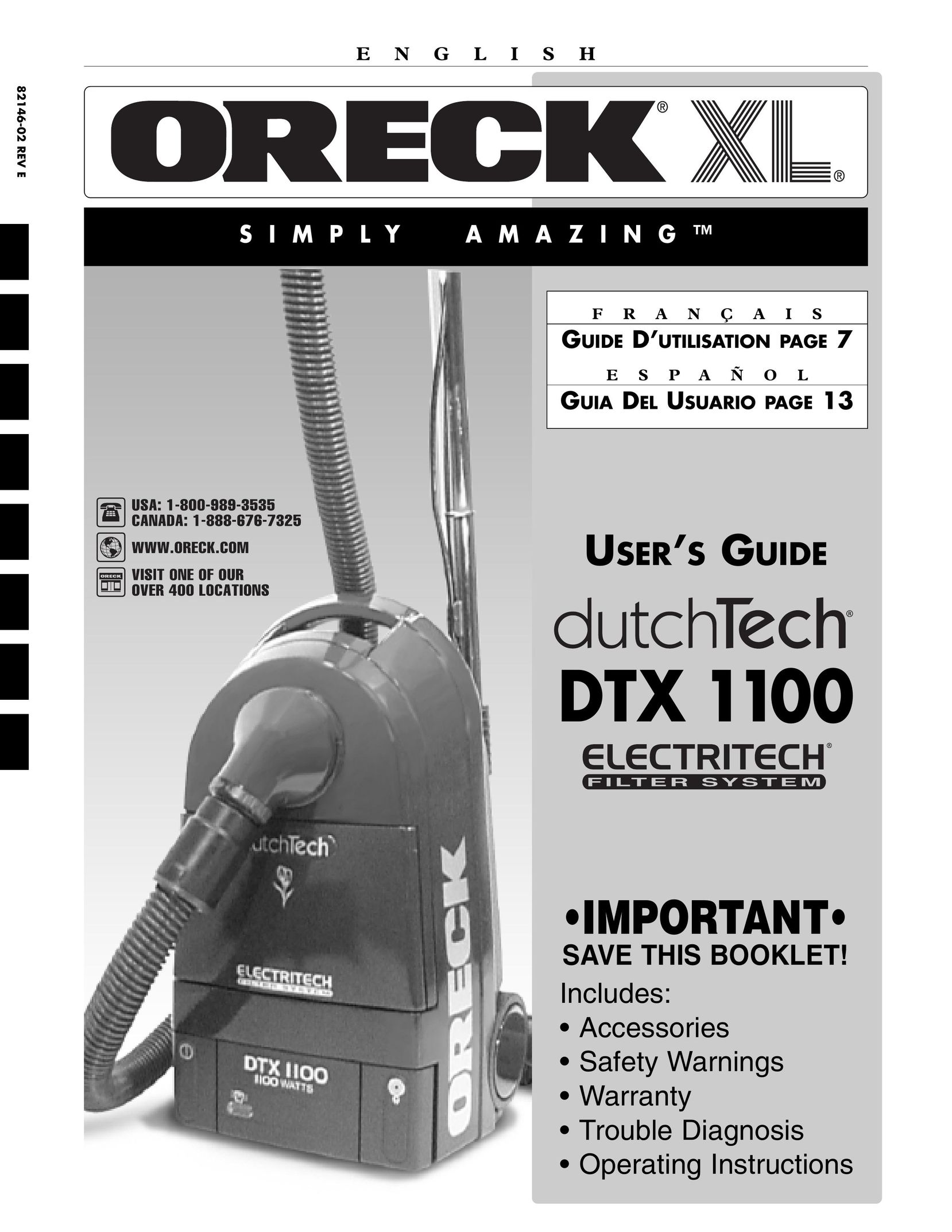 Oreck DTX 1100 Vacuum Cleaner User Manual