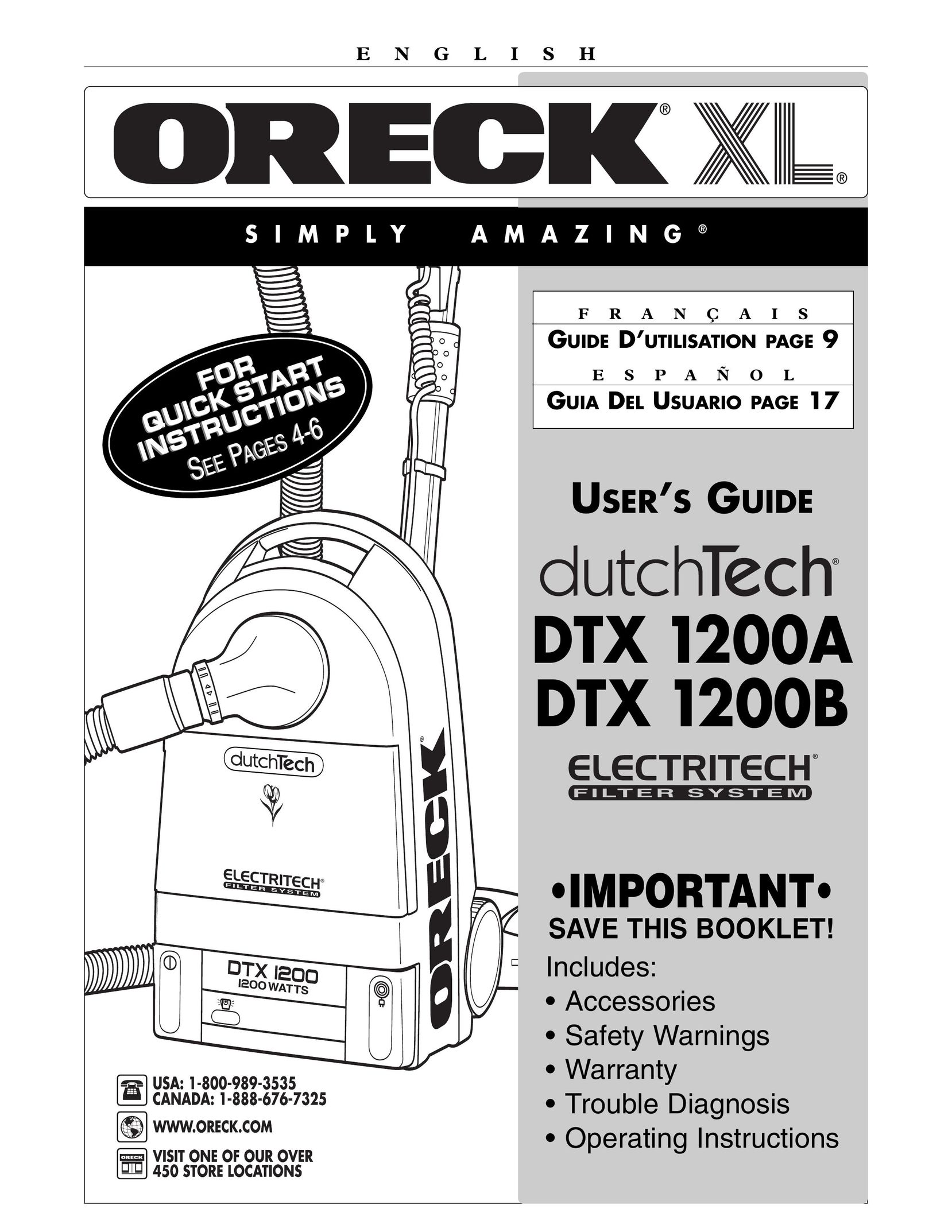 Oreck DTX 1200B Vacuum Cleaner User Manual