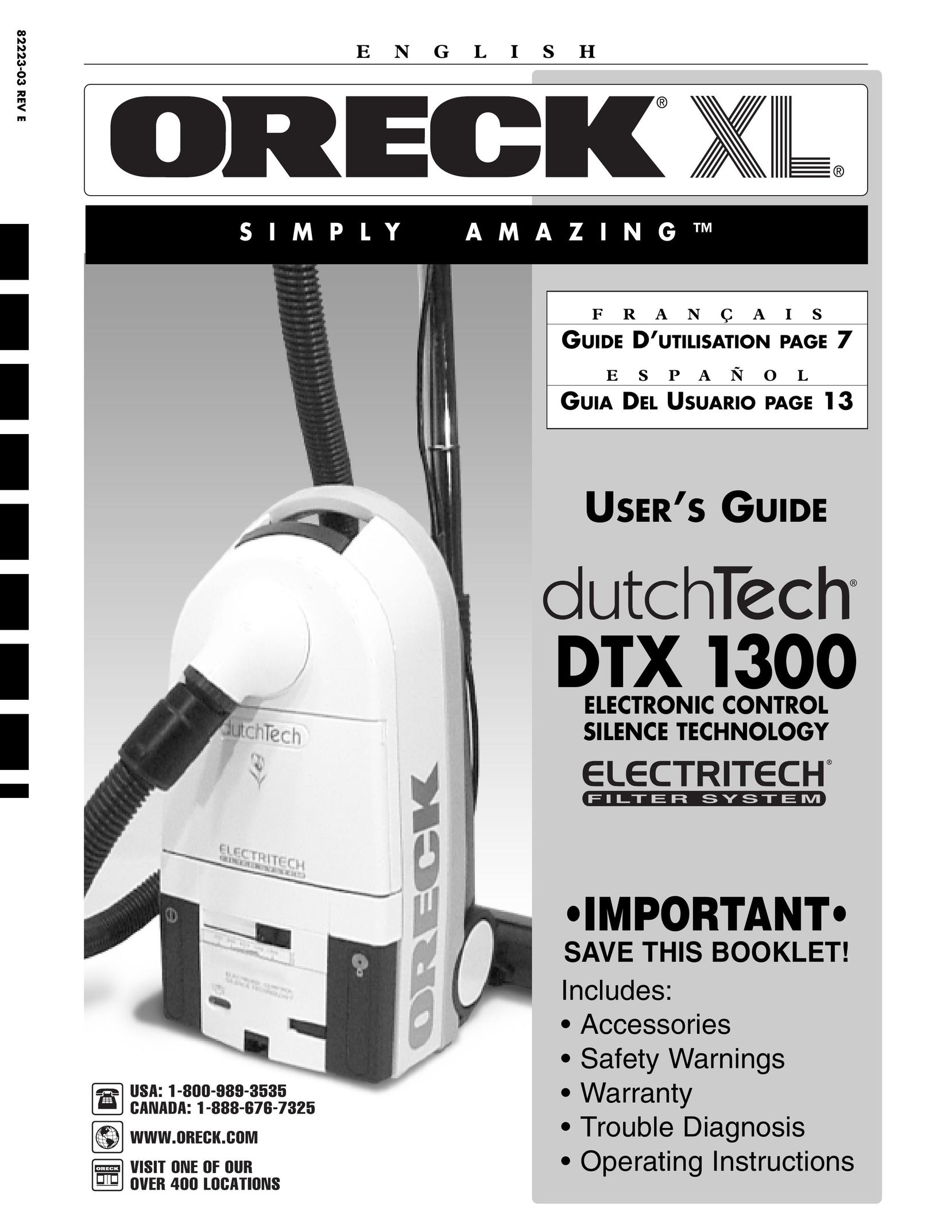 Oreck DTX 1300 Vacuum Cleaner User Manual