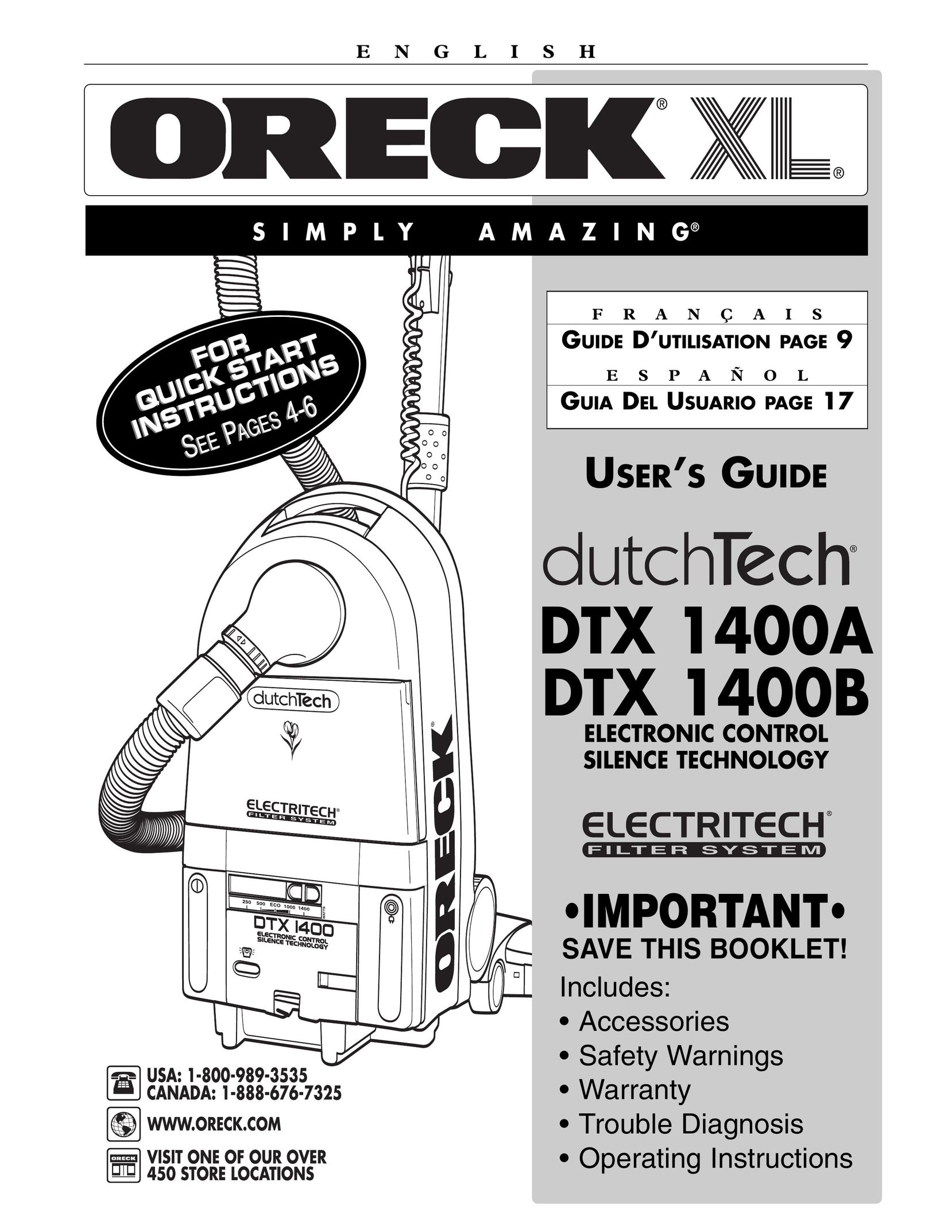 Oreck DTX 1400A Vacuum Cleaner User Manual