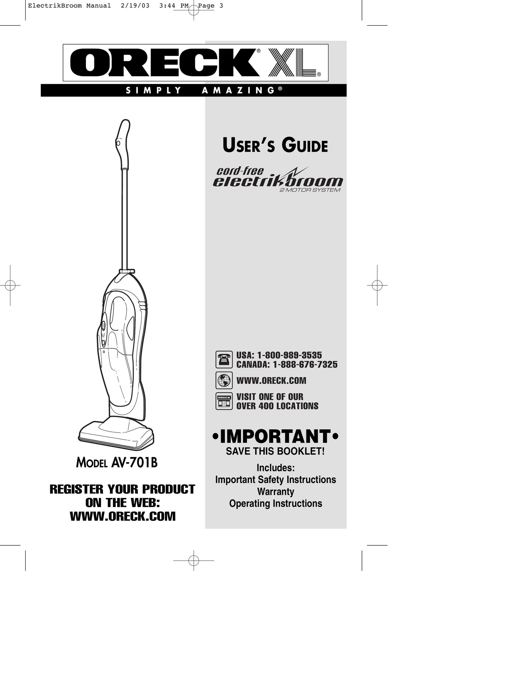 Oreck MODEL AV-701B Vacuum Cleaner User Manual