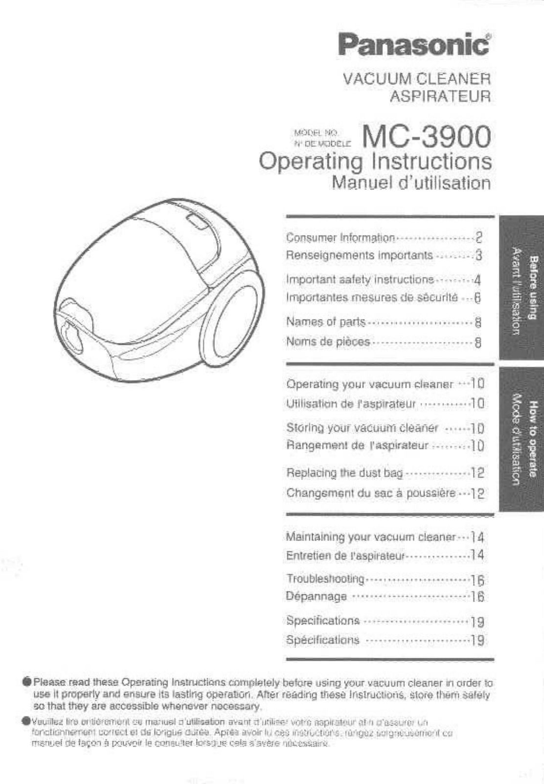 Panasonic MC-3900 Vacuum Cleaner User Manual