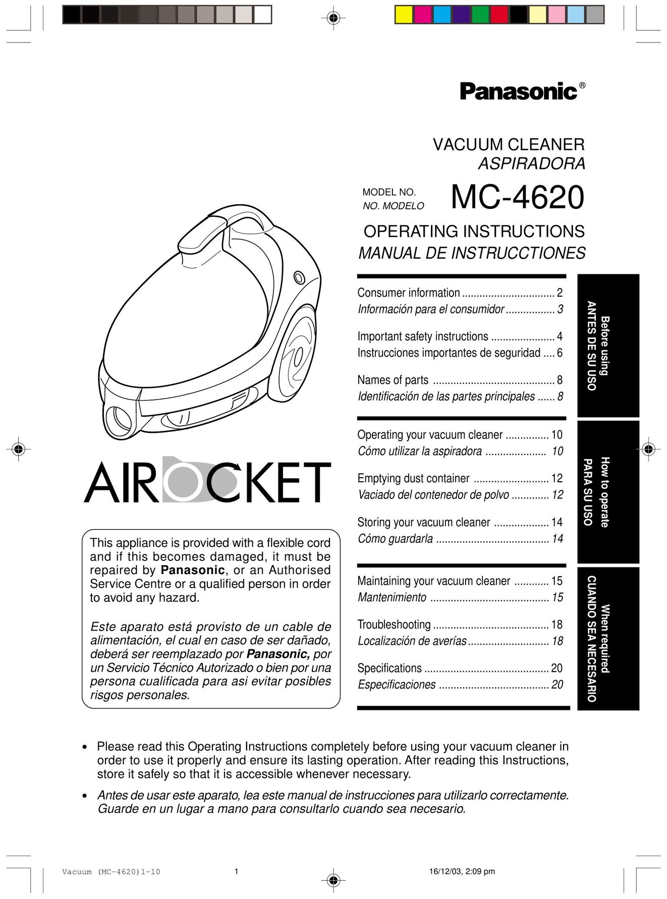 Panasonic MC-4620 Vacuum Cleaner User Manual