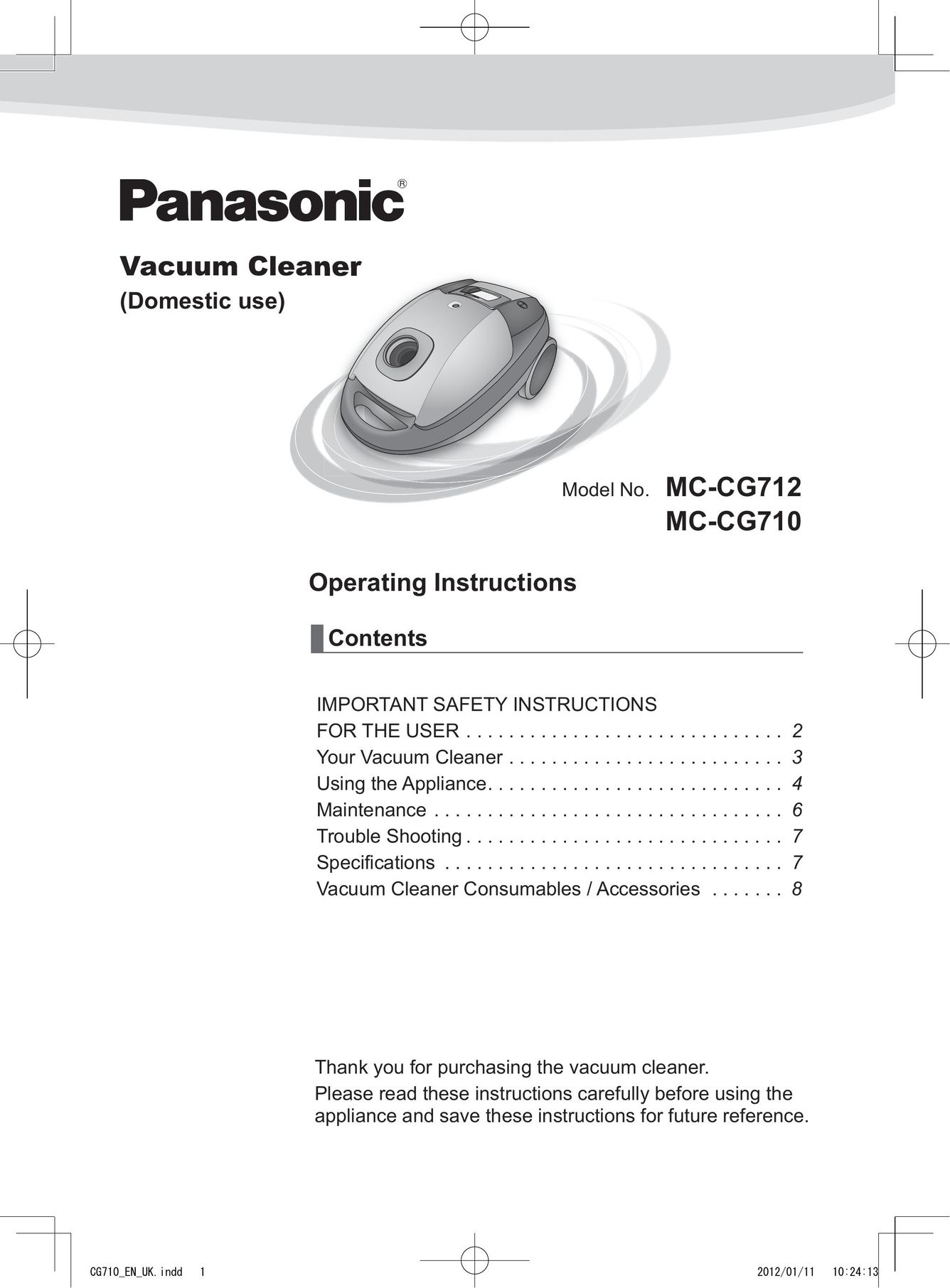 Panasonic MC-CG712 Vacuum Cleaner User Manual